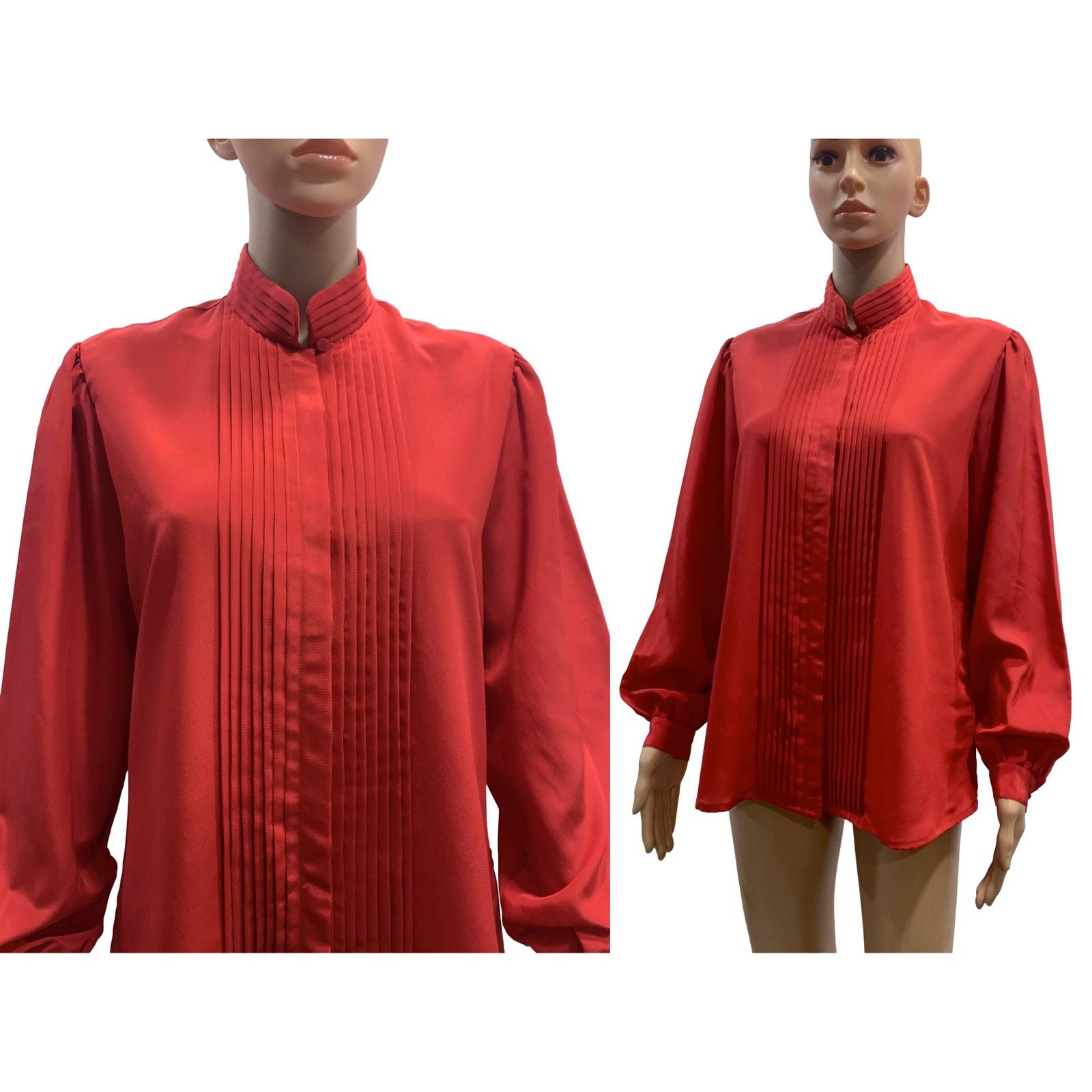 Vintage 70s Red High Collar Secretary Blouse with Pleats | M/L Size M / US 6-8 / IT 42-44 - 5 Thumbnail