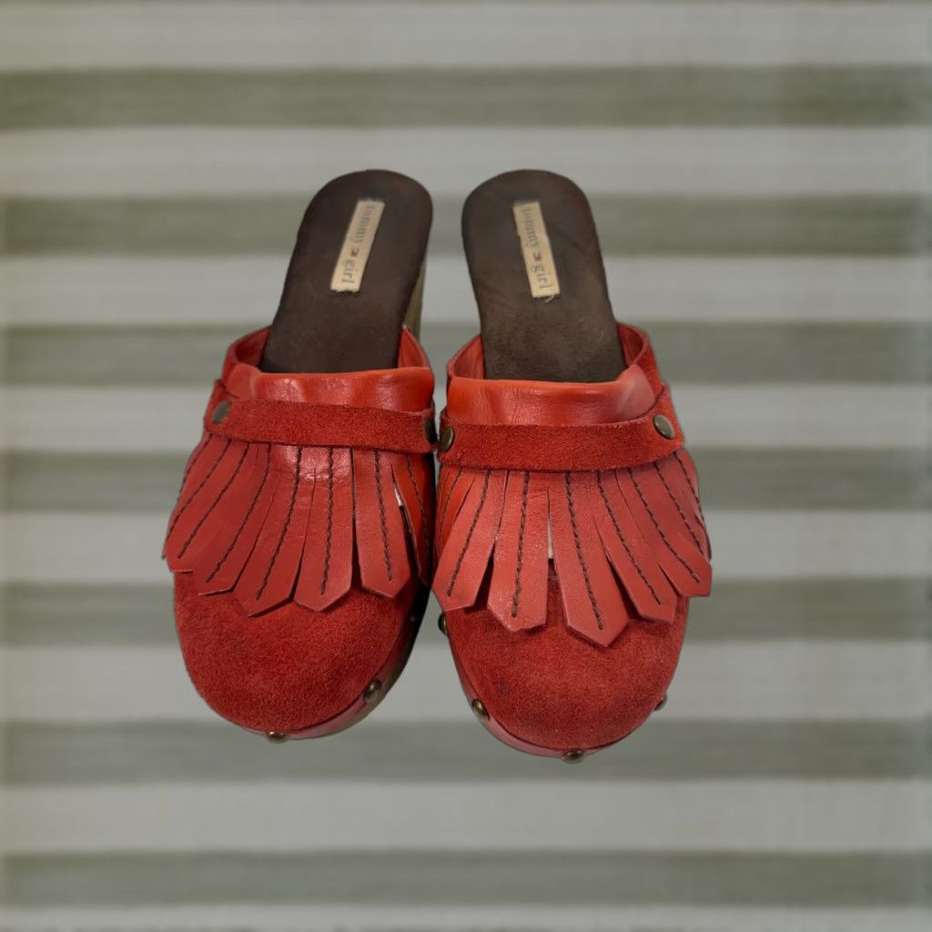 Tommy Hilfiger Tommy Hilfiger Women's Mule Wedge Heels Red Leather Fringe Studded Round Toe 8.5 M Size US 9 / IT 39 - 1 Thumbnail