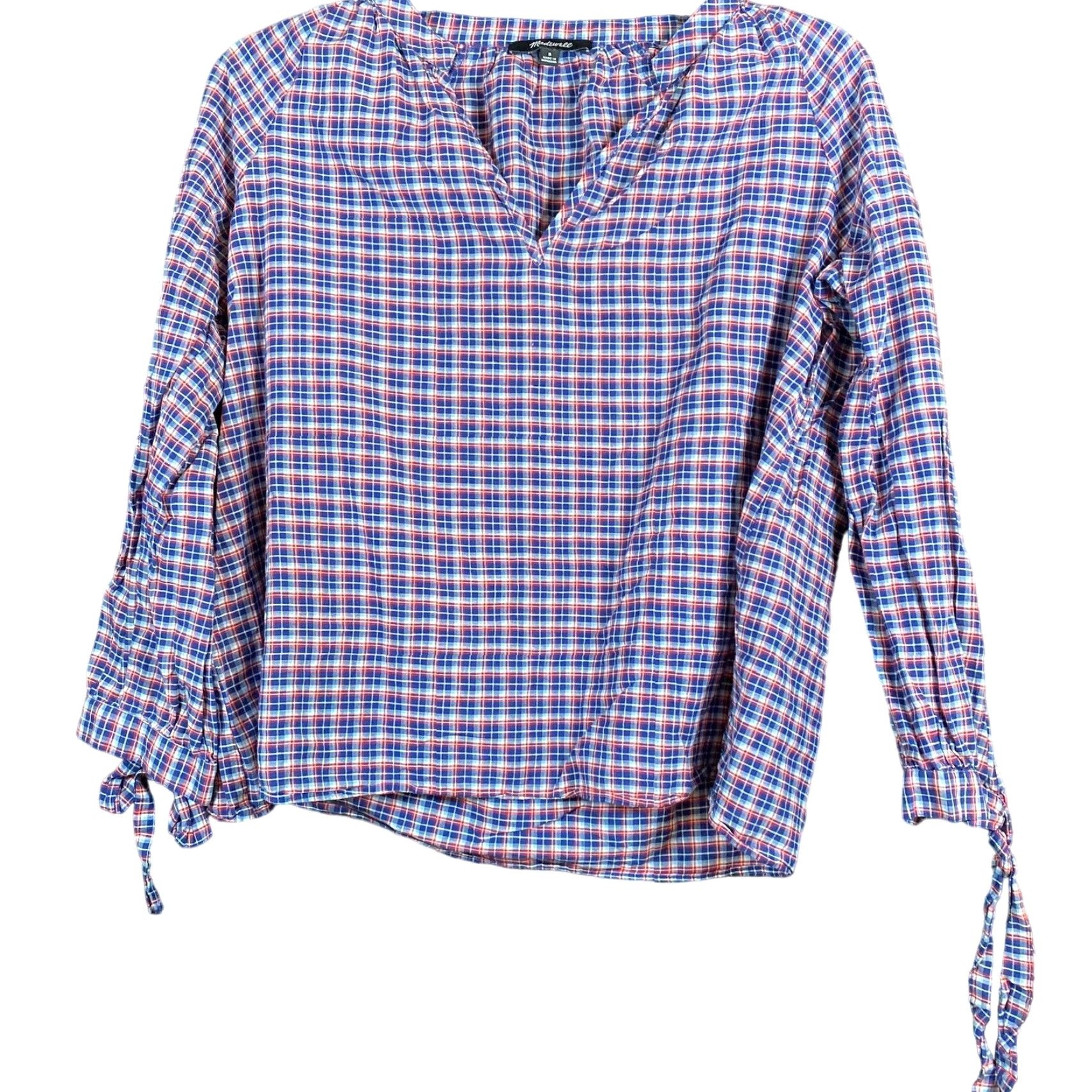Madewell Madewell Blouse Womens Plaid V-Neck Long Sleeve Linen Blend S Internals Multicolored Blue Size S / US 4 / IT 40 - 2 Thumbnail