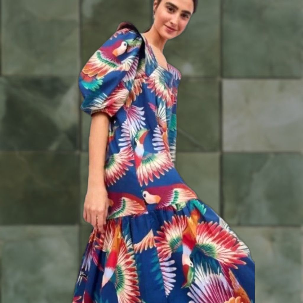 VINTAGE Farm Rio x Anthropologie Women's Midi Dress Small Puff Sleeve Toucan Cotton Multicolor A-Line