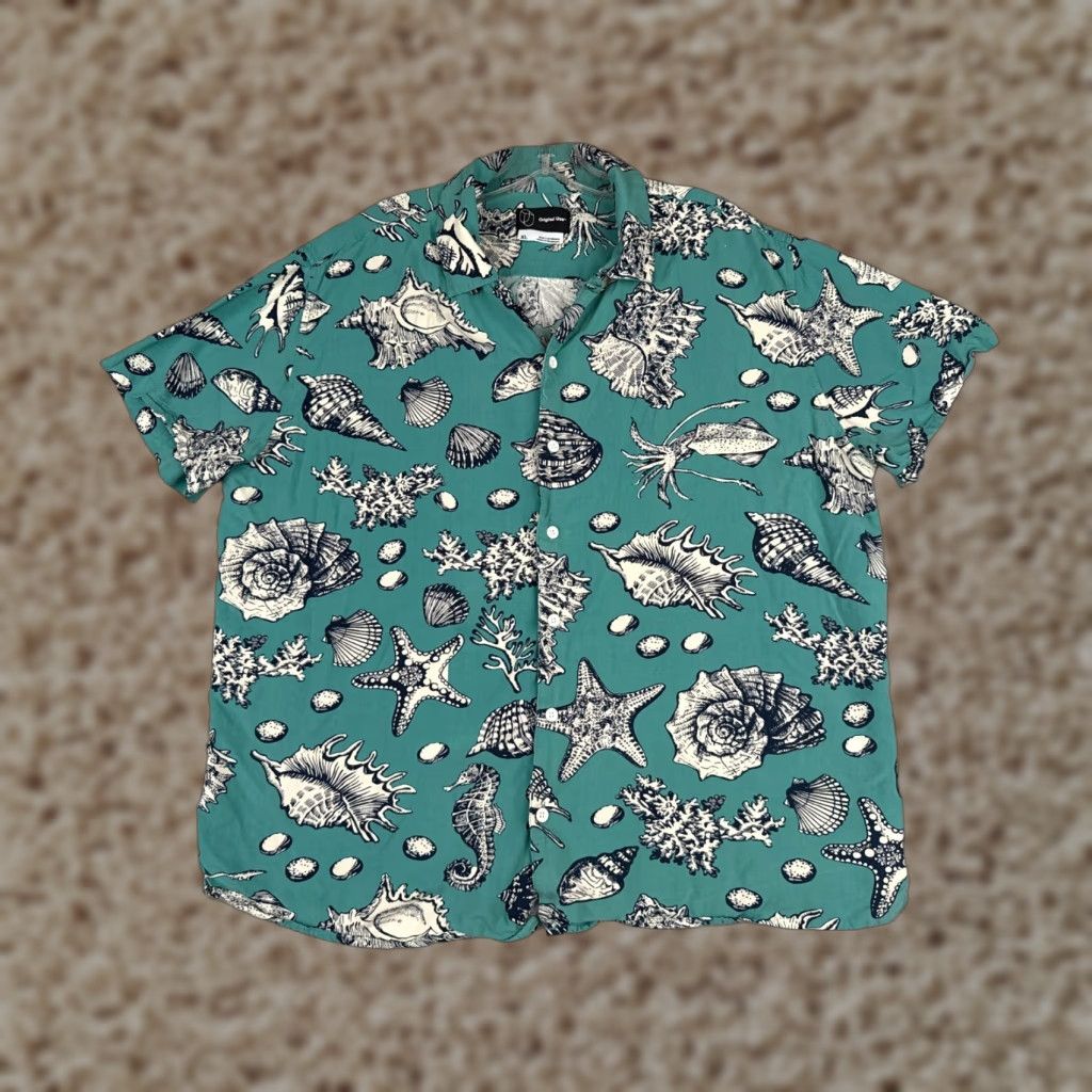 Vintage Original Use shirt XL Blue Coral Seashells Hawaiian 100% Rayon Size US XL / EU 56 / 4 - 1 Thumbnail