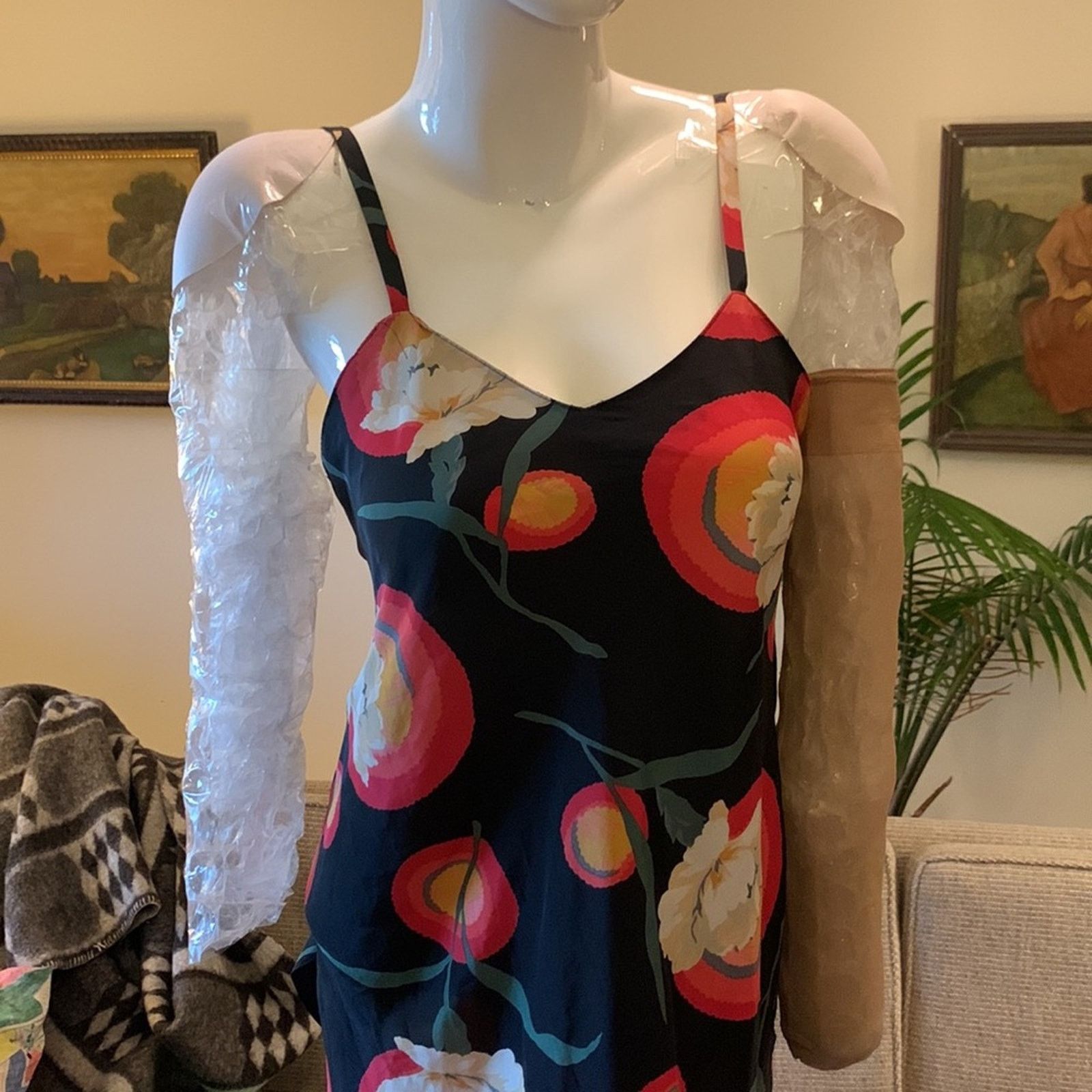 Vintage Floral cami camisole slip minidress art deco poppies Size S / US 4 / IT 40 - 4 Thumbnail