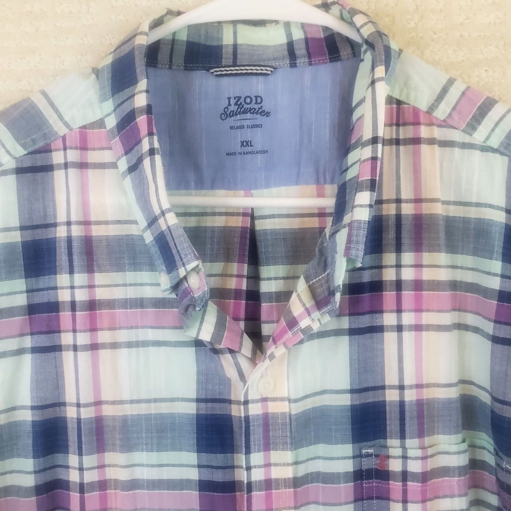 Izod IZOD Saltwater Mens 2XL Shirt Blue Pink Plaid Button-Down Short Sleeve Cotton Size US XXL / EU 58 / 5 - 4 Thumbnail