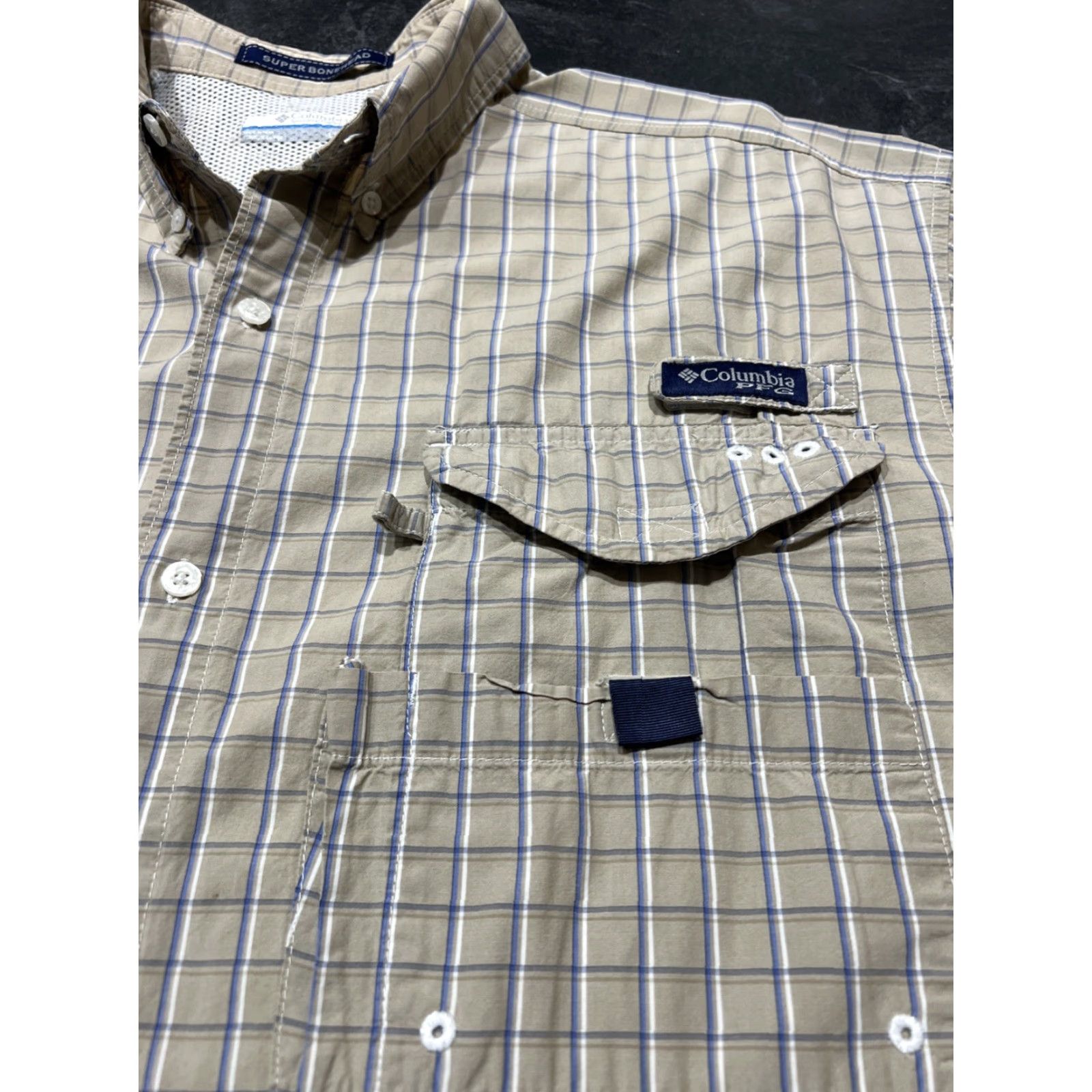 Vintage Columbia PFG Omni-Shade Bonehead Shirt Mens Large Plaid Short Sleeve Beige Cotton Polyester Outdoorsman UV Breathable Fishing Vented Pocketed Size US L / EU 52-54 / 3 - 3 Thumbnail