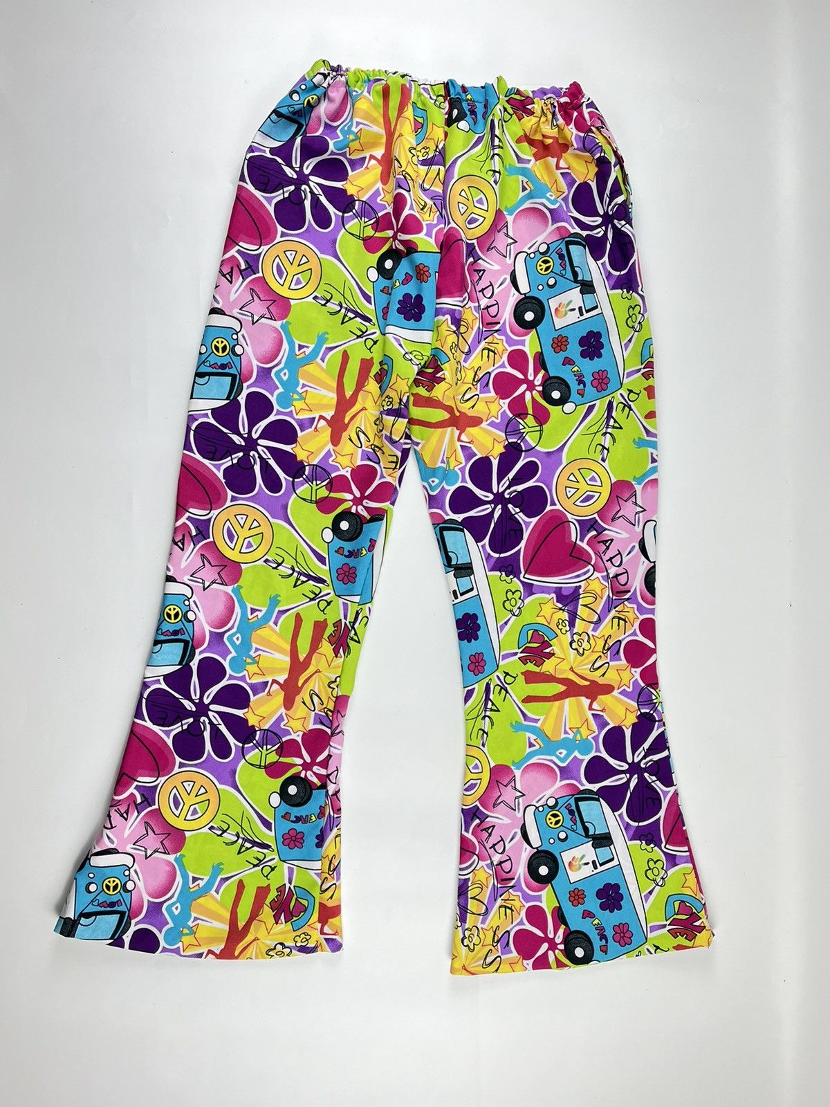 LSDworldpeace ☮️Multicolor peace hippie flared pants y2k trousers Size 29" - 3 Thumbnail
