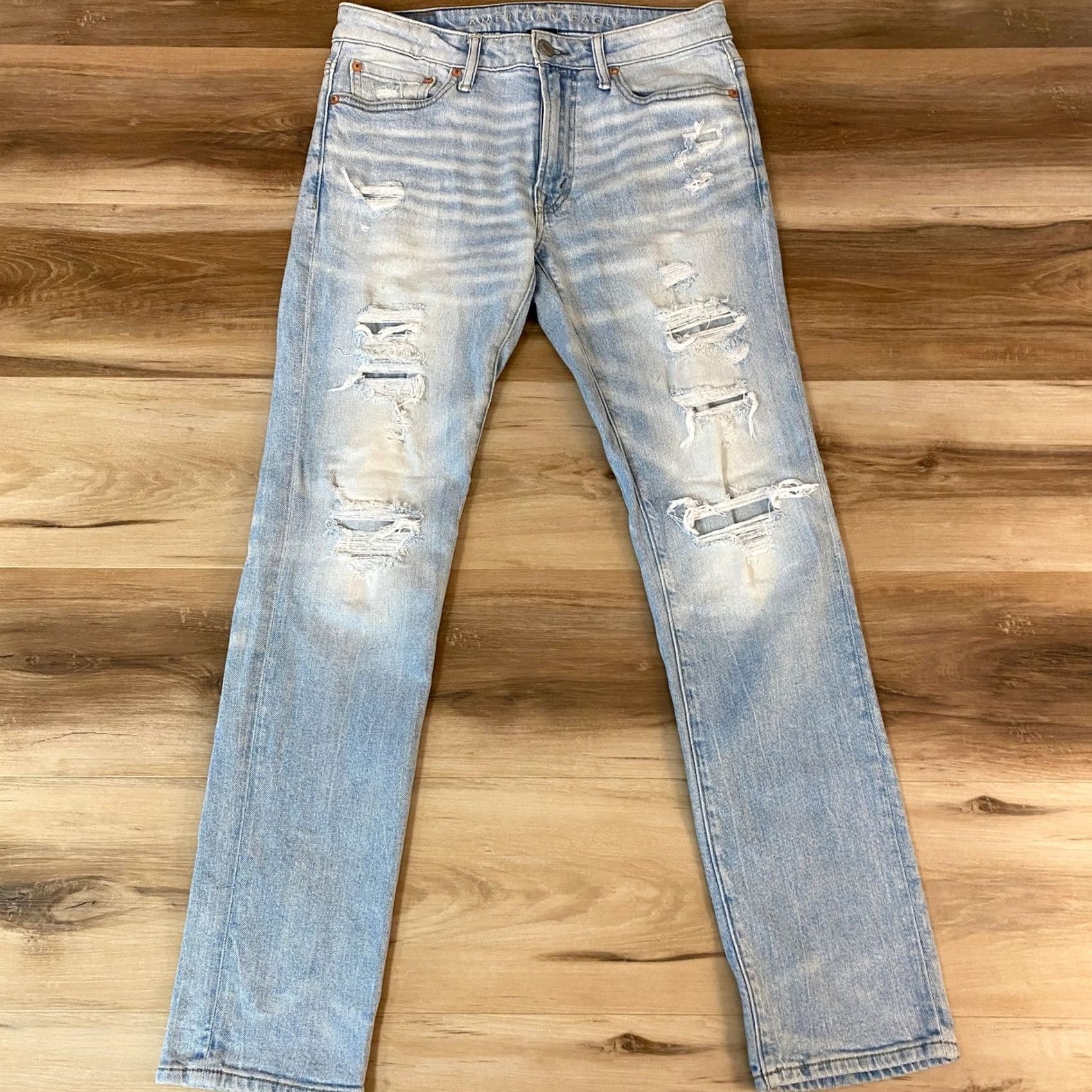 Vintage American Eagle Jeans Mens Slim Denim 29x30 Light Wash Distressed Pockets Comfort Distressed 29x30 Mens Jeans Slim Fit Denim Blue Size US 29 - 2 Thumbnail