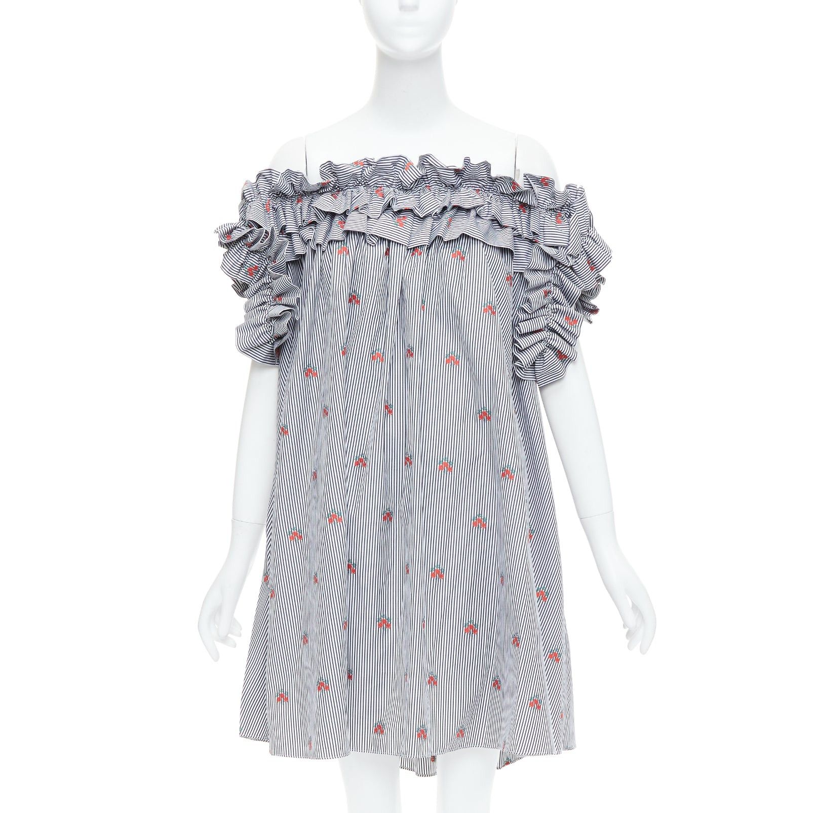 Alexander McQueen ALEXANDER MCQUEEN 2017 red floral blue pinstripe ruffle tent dress IT42 M Size M / US 6-8 / IT 42-44 - 1 Thumbnail