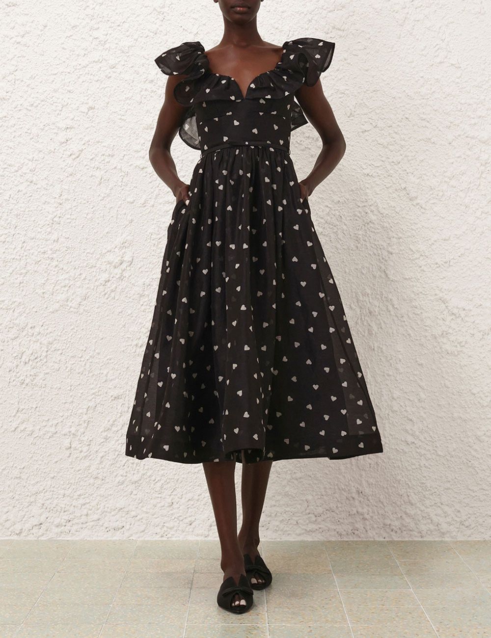 oc11z1025 Crush Frilled Midi Dress in Black