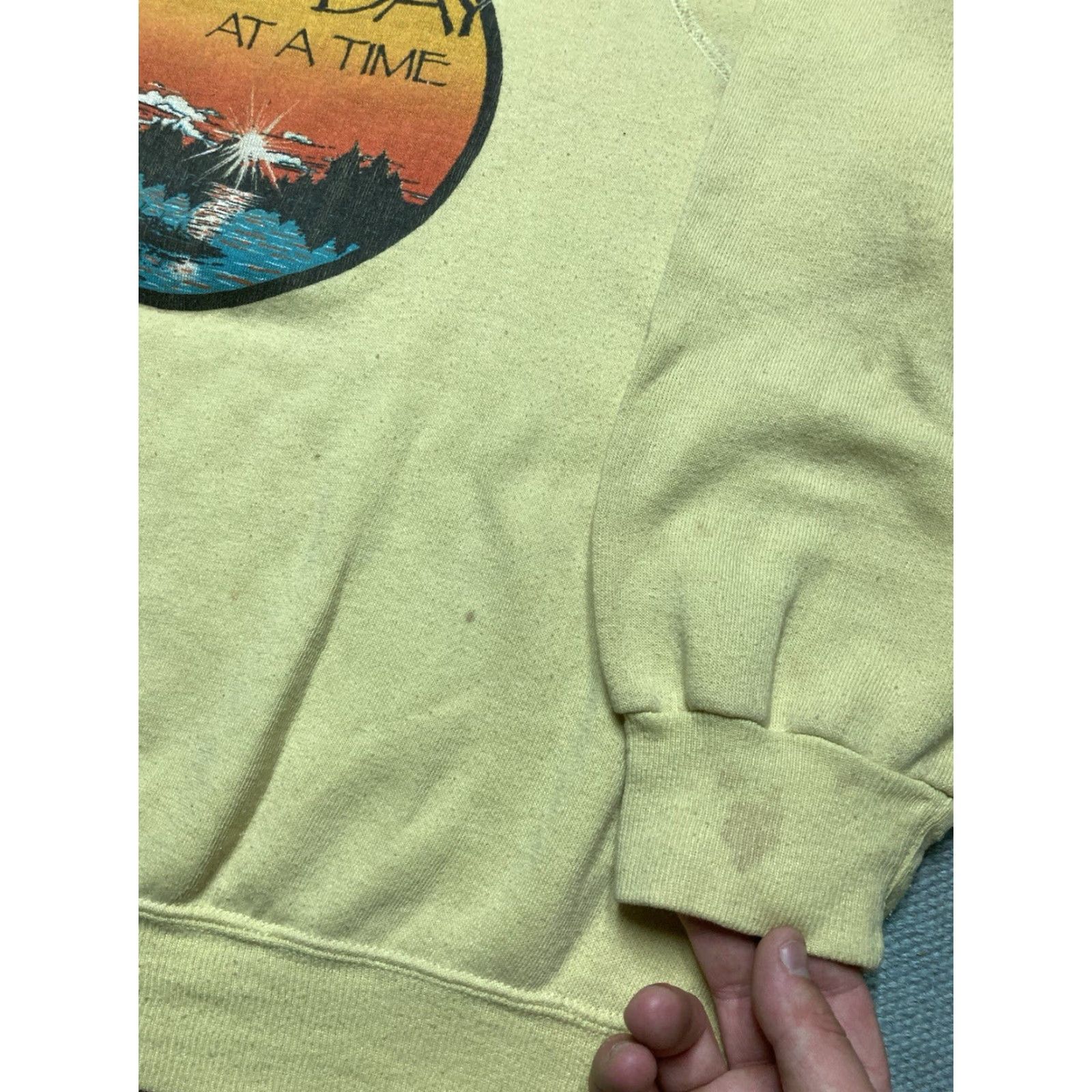 Vintage VINTAGE 80s pullover sweatshirt one day at a time sunset lake chopped neck XL Men Sweatshirt Yellow"} Size US XL / EU 56 / 4 - 5 Thumbnail
