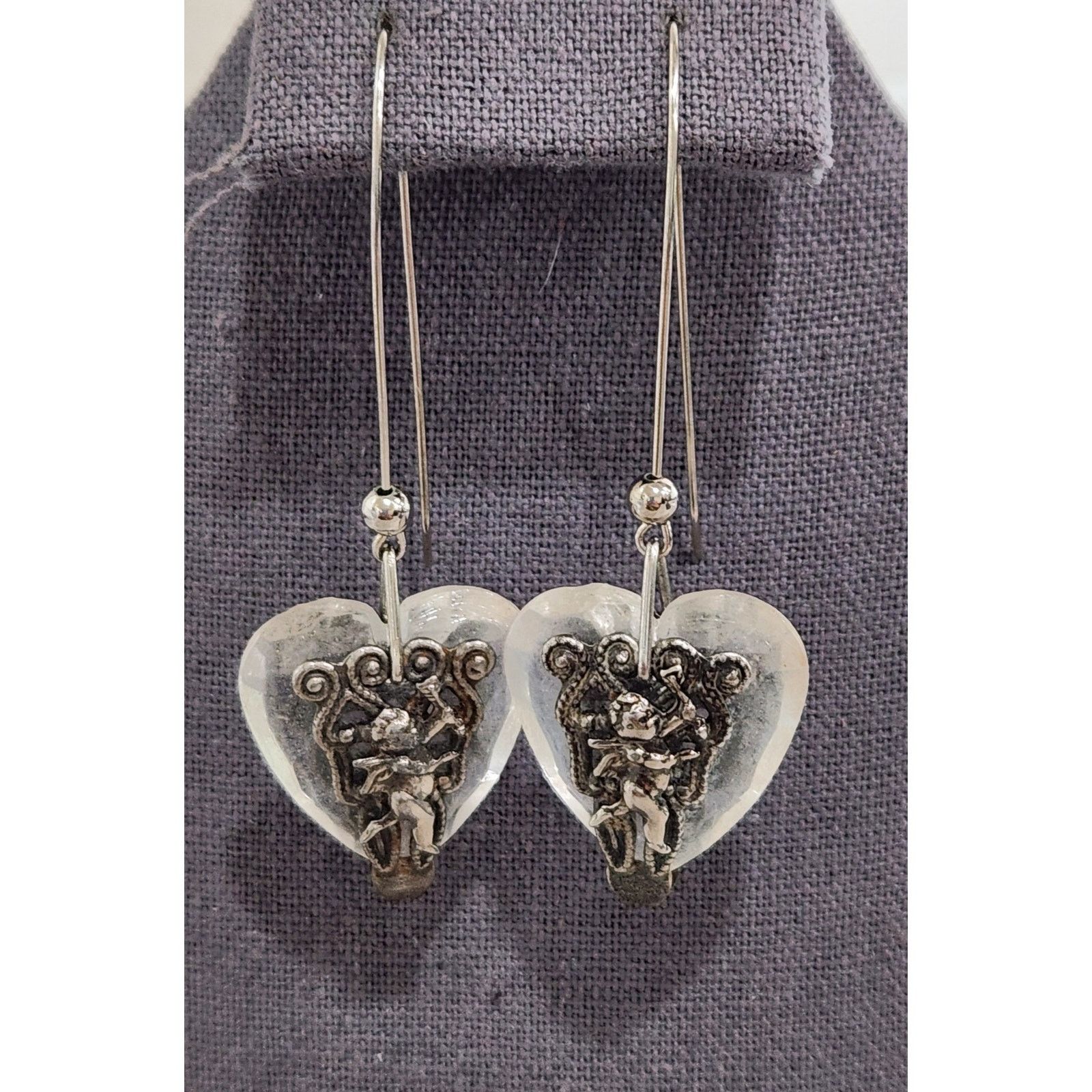 Other VTG Silver Cherubs Acrylic Heart Dangle Hook Earrings 3" Size ONE SIZE - 1 Thumbnail