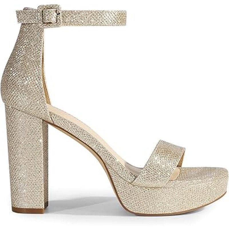 Other New Dream Pair 7.5 Gold Glitter Block Heel Ankle Strap Shoes Size US 7.5 / IT 37.5 - 2 Thumbnail