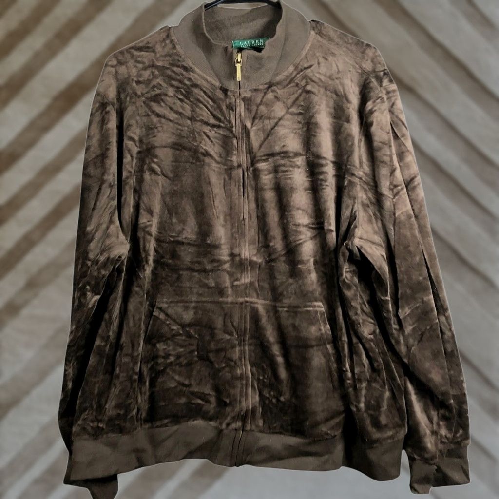 Ralph Lauren Ralph Lauren Womens Sweater Brown Velvet Full Zip Pockets Large Size L / US 10 / IT 46 - 1 Thumbnail