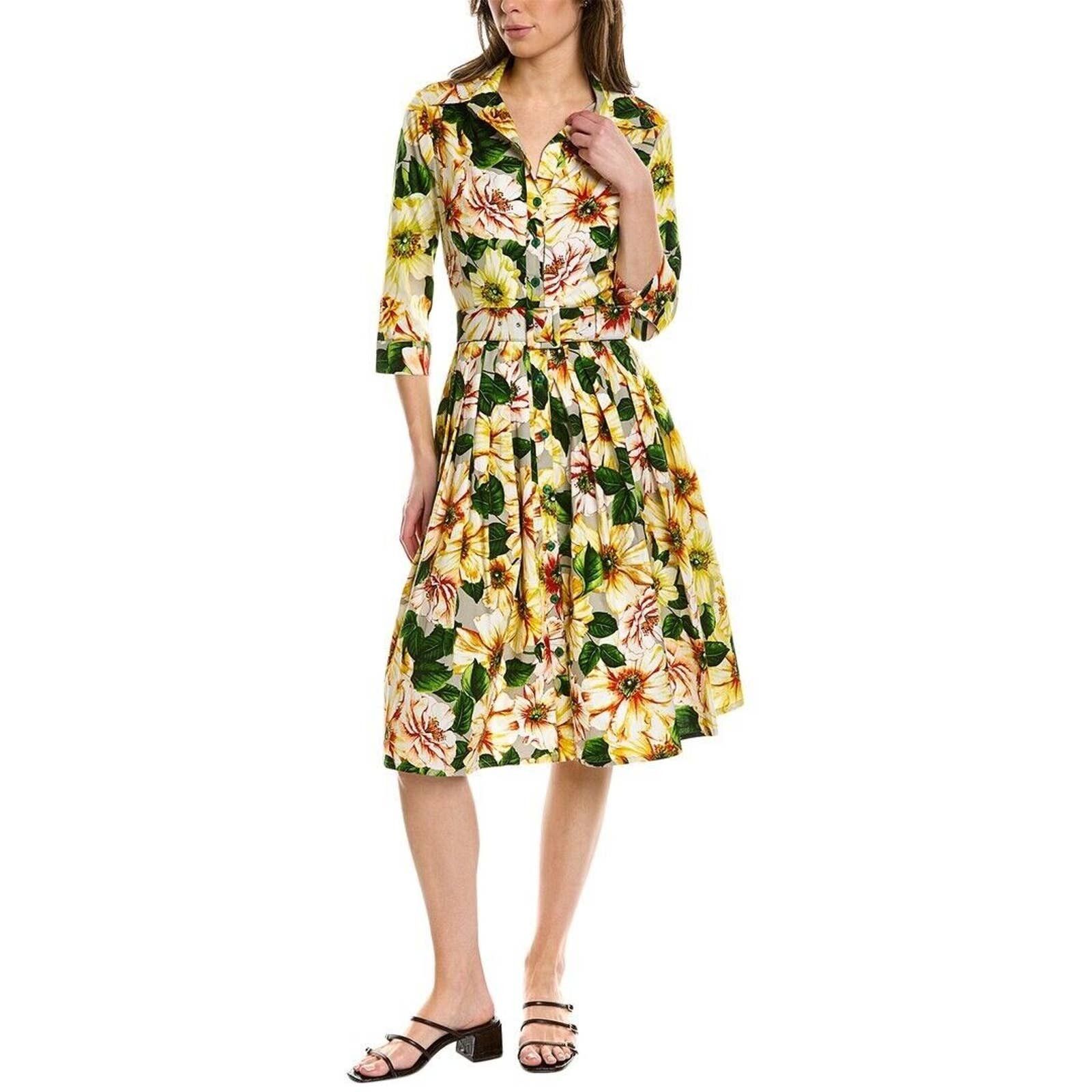 image of Samantha Sung Audrey Shirtdress Yellow Floral Print Cotton, Women's (Size Small)