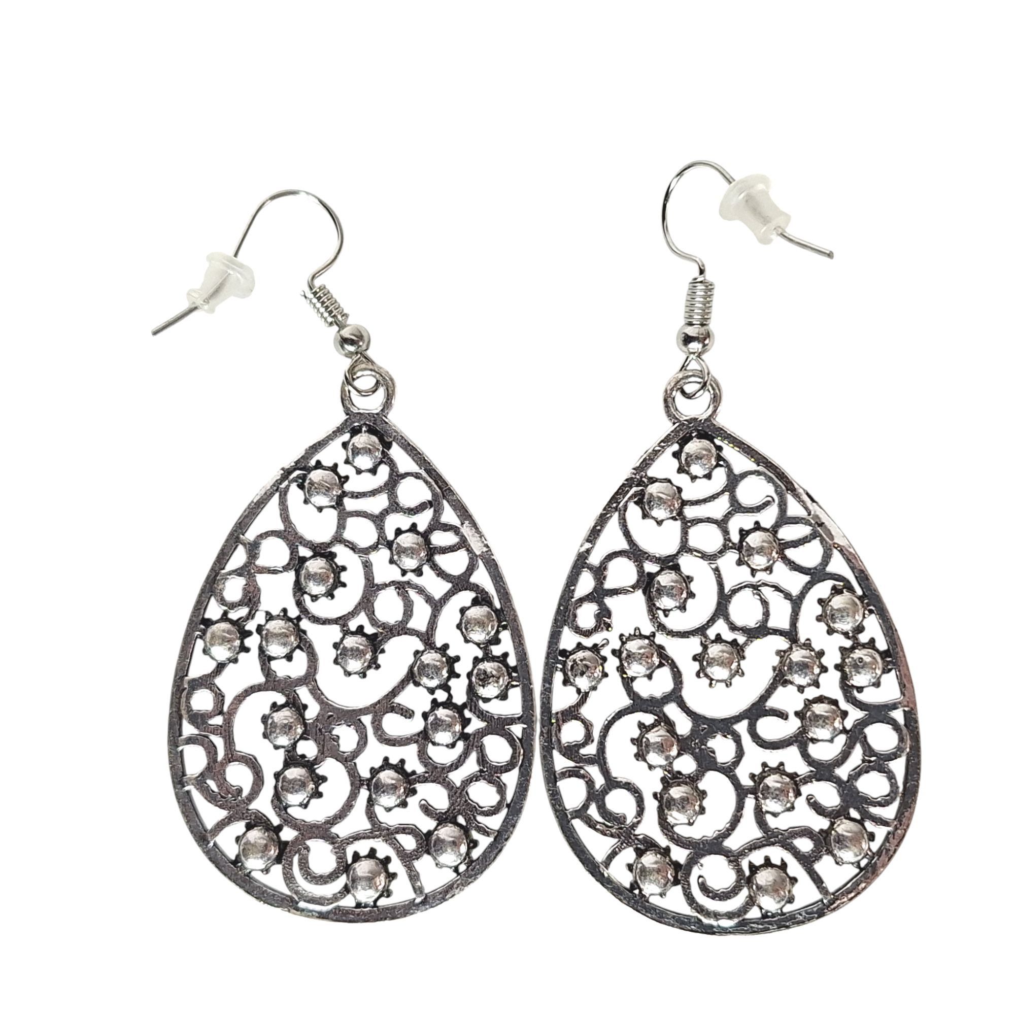 Other Bohemian Silver Openwork Teardrop Earrings Yellow Rhinestone Size ONE SIZE - 2 Thumbnail