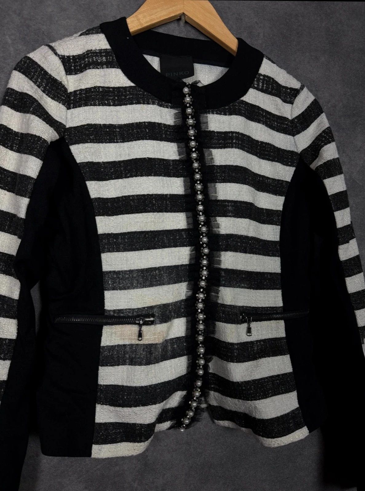Pinko Pinko Blazer Striped Black White Lace Pearl Italy Size M / US 6-8 / IT 42-44 - 2 Thumbnail
