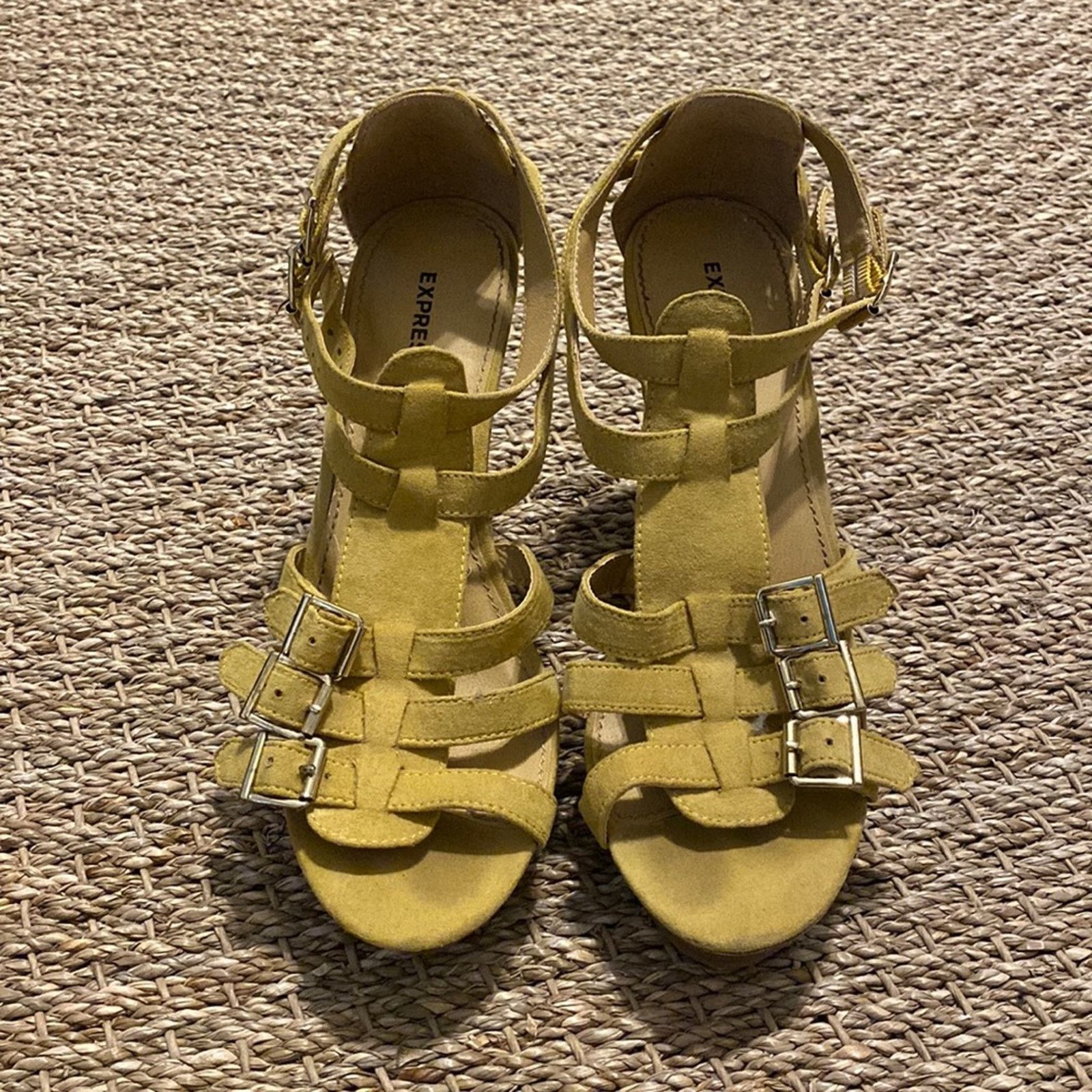 Express Multi strap & buckles, suede ochre color wedge heel size 7 Size US 7 / IT 37 - 1 Thumbnail