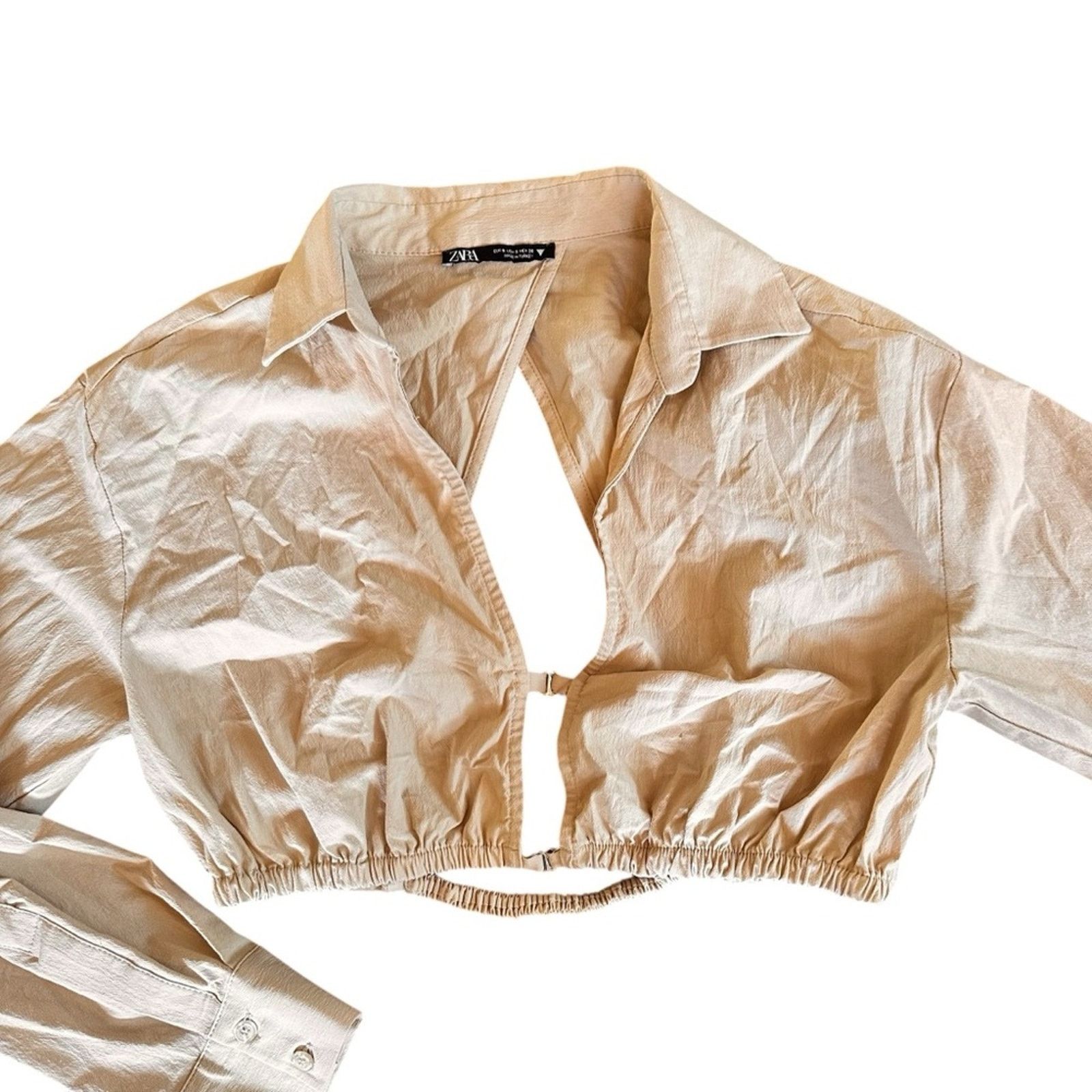 Zara Zara Cropped Collared Blouse – Tan/Cream – Size S – EUC Size S / US 4 / IT 40 - 2 Thumbnail