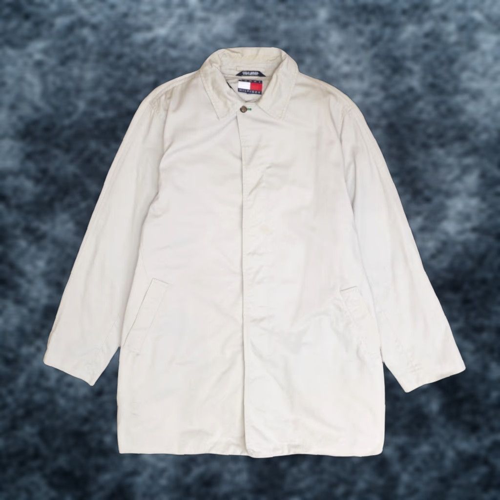 VINTAGE Tommy Hilfiger Coat Jacket Men Large Beige Plaid Lined 35