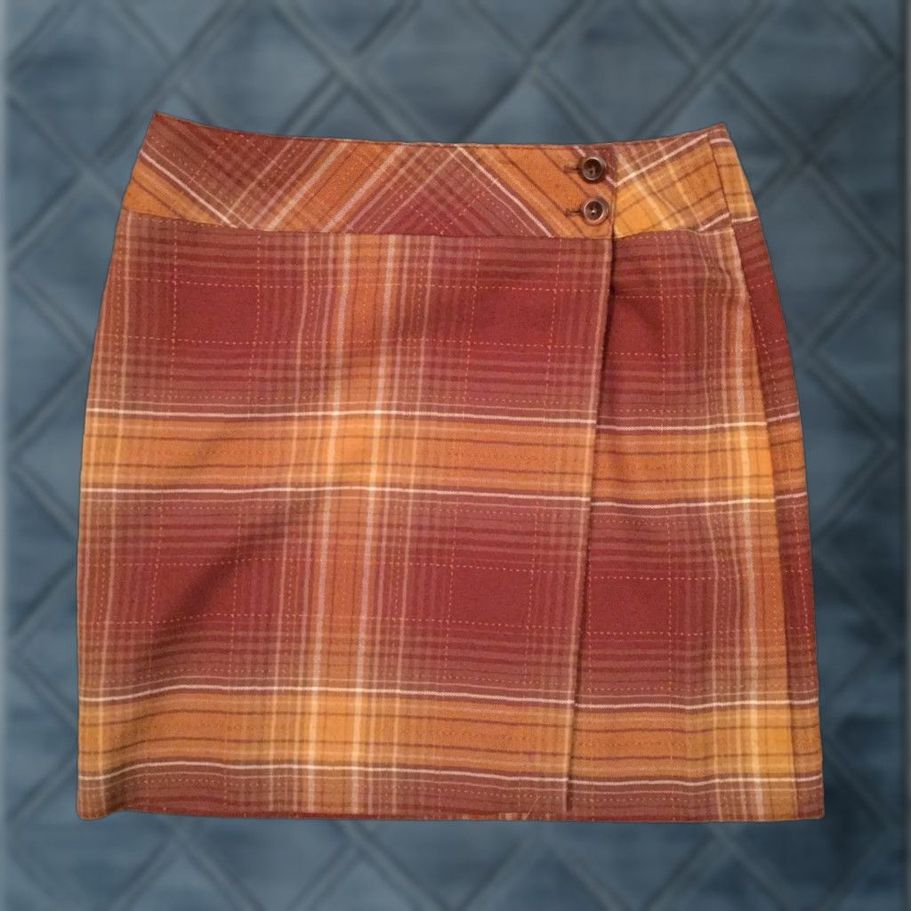 Vintage B. Moss Skirt Women's 10 Orange Plaid Knee Length Wrap Lined Polyester Rayon Pencil Size 32" / US 10 / IT 46 - 1 Thumbnail