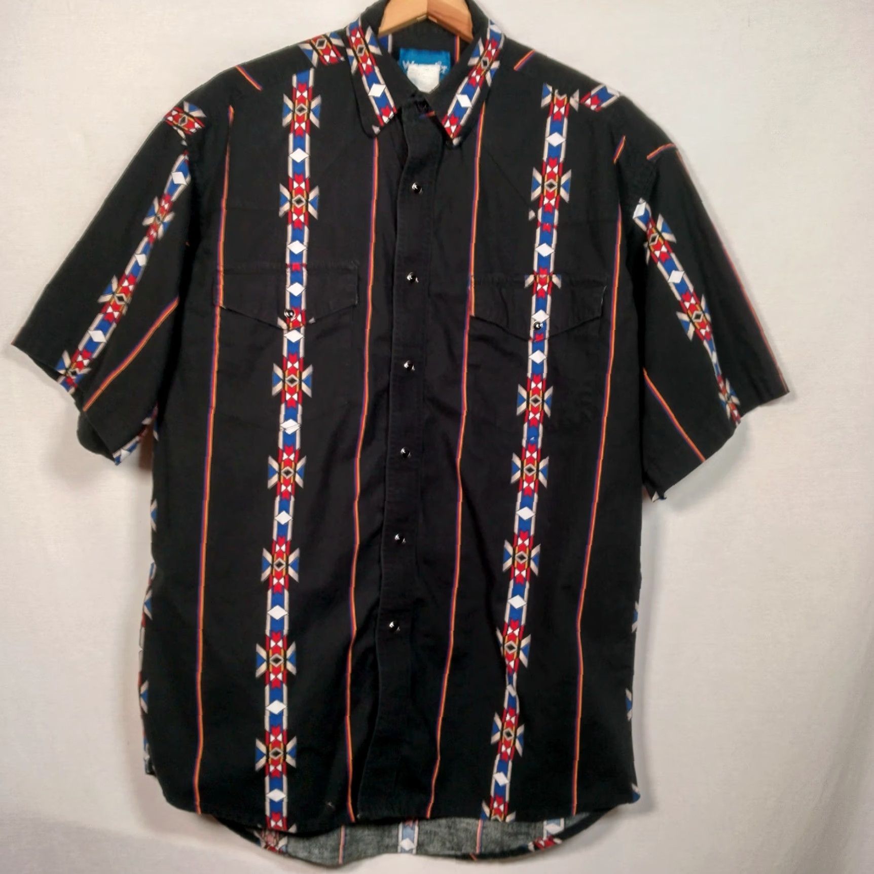 Wrangler VINTAGE Wrangler Western Shirt Men Medium Black Southwest Geometric Stripe Short Sleeve Snap Button Ranchwear Size US M / EU 48-50 / 2 - 2 Thumbnail