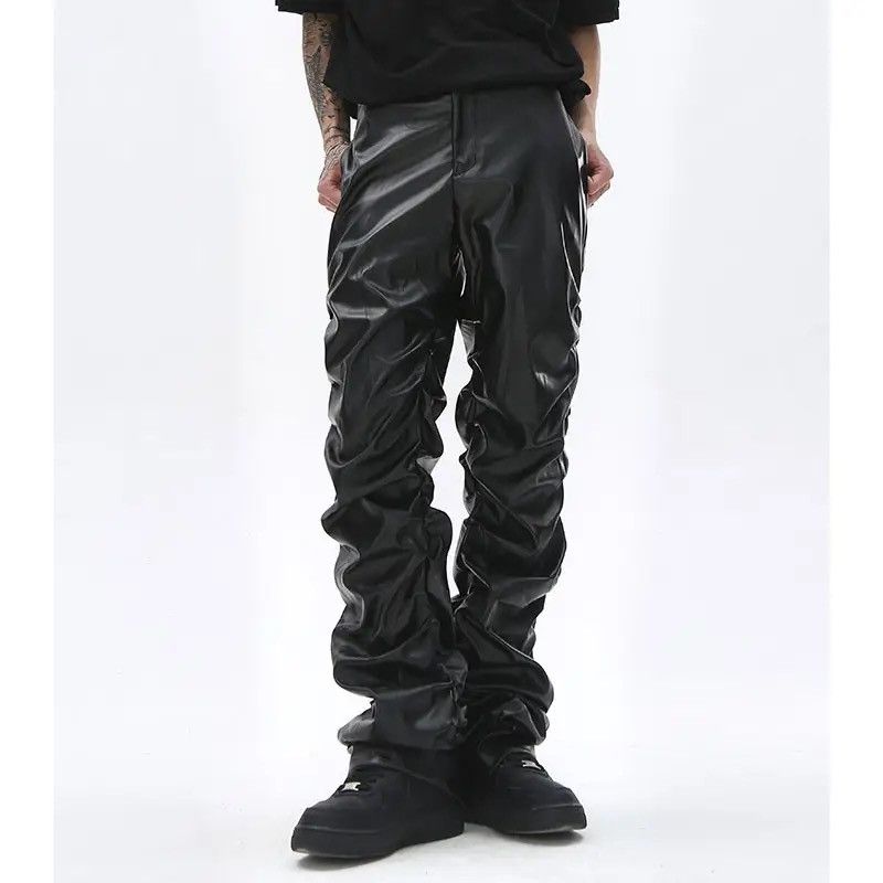 image of Loose Ruched Casual Trousers Pu Leather in Black, Men's (Size 30)