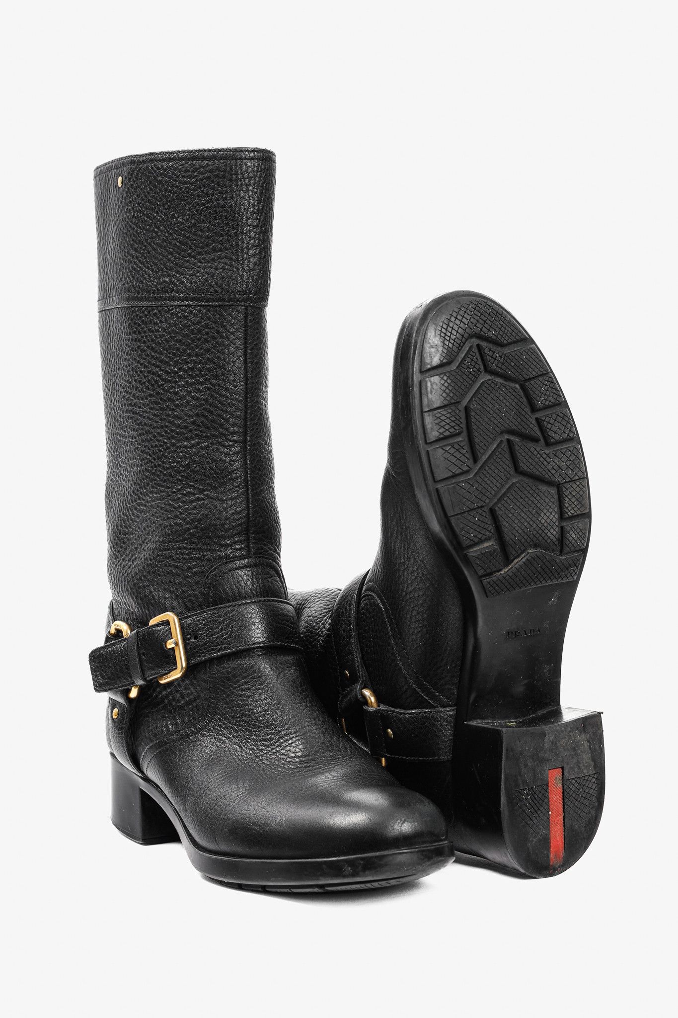 Prada Prada Sport Black Pebbled Leather Harness Biker Boots Size US 9.5 / IT 39.5 - 4 Thumbnail