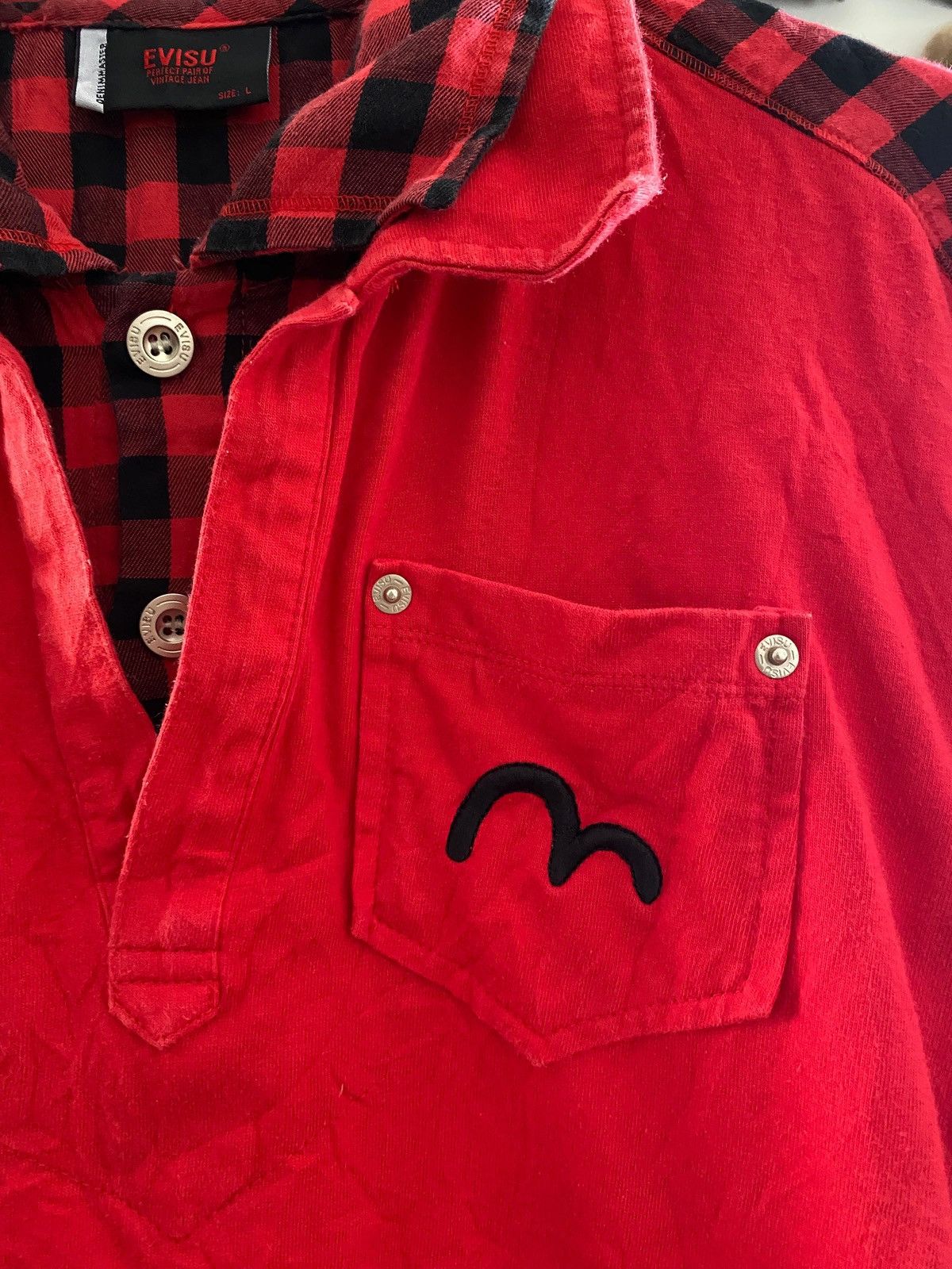 Japanese Brand Vintage Evisu Genes Big Logo Embroidered Mock Layered Shirt Size US L / EU 52-54 / 3 - 3 Thumbnail