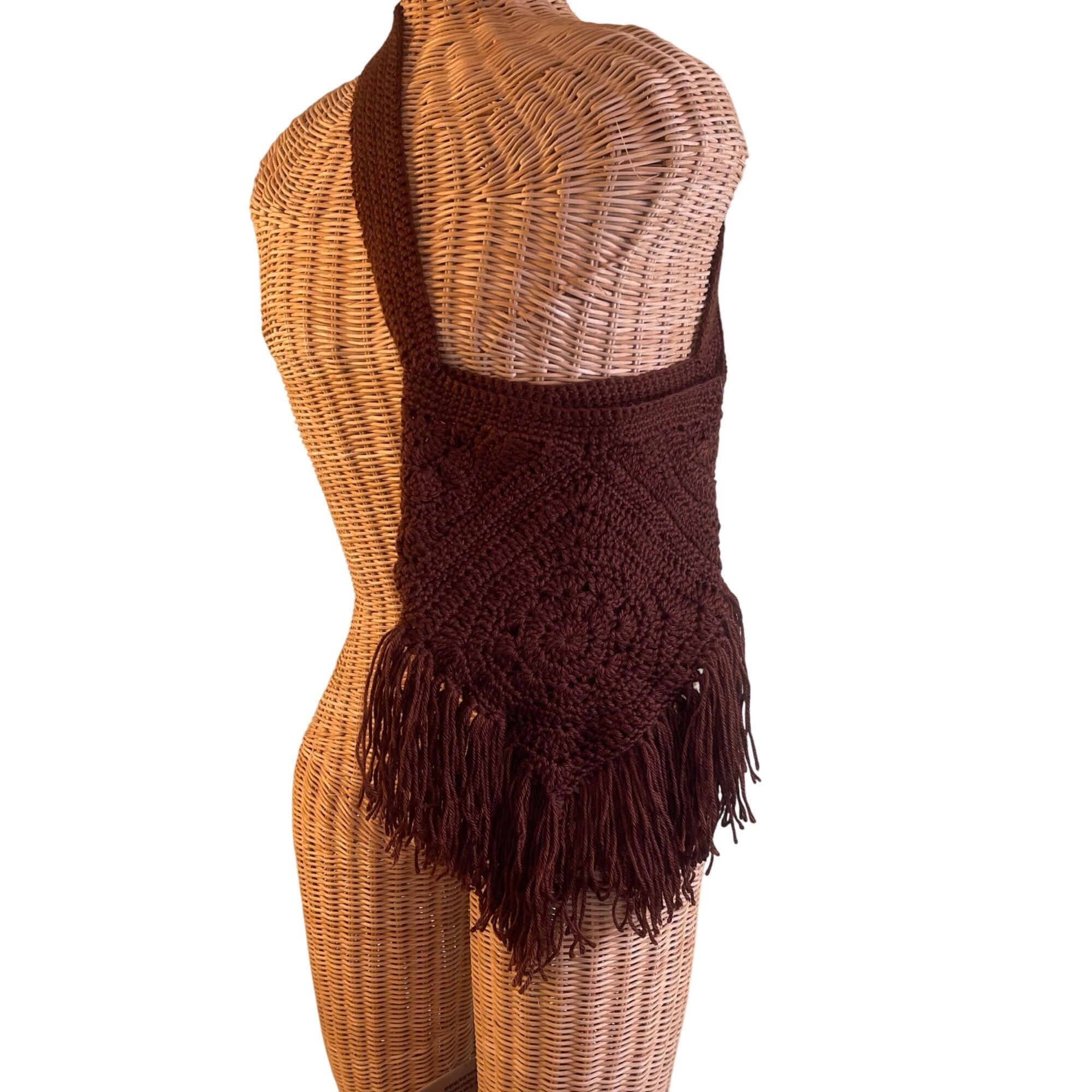 Handmade Hippie Purse Crochet Fringed Retro Boho Style Dark Brown Han Size ONE SIZE - 2 Thumbnail