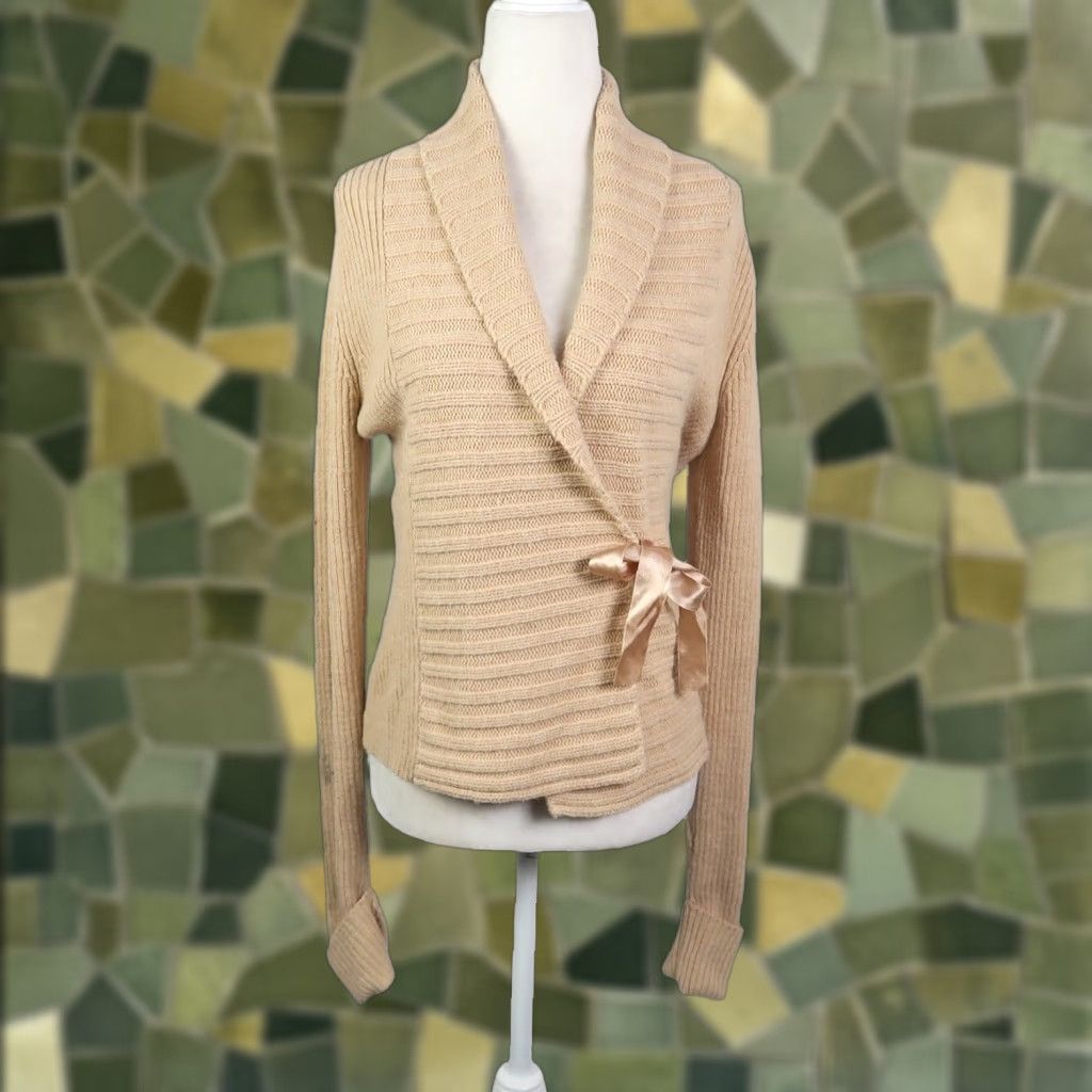Energie VINTAGE Energie Tan Rib Knit Wrap Front Cardigan Sweater L Women Long Sleeve Knit Acrylic Casual Fall Spring Size L / US 10 / IT 46 - 1 Thumbnail