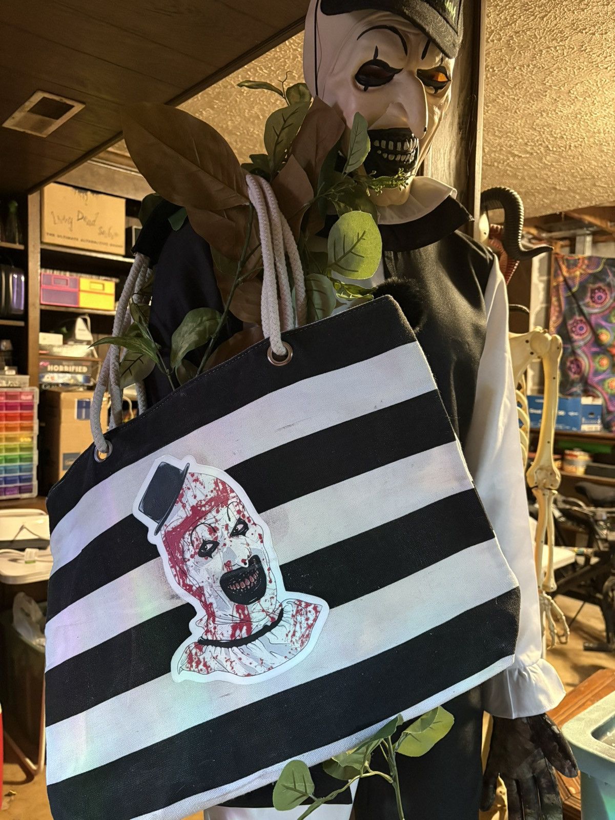 Designer Custom art the clown terrifier White Striped Tote Bag Size ONE SIZE - 2 Thumbnail