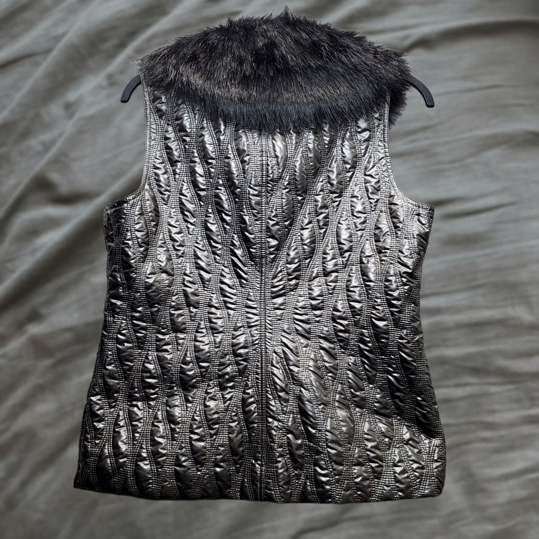 Pinko G.G. Pink Quilted Puffer Vest Women L Multicolor Full Zip Faux Fur Collar, Regular Fit, Sleeveless, Casual Outerwear, Puffer Vest, NEW? Size L / US 10 / IT 46 - 1 Thumbnail