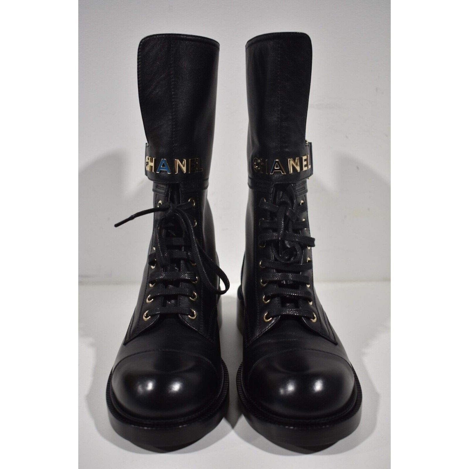 Chanel 22A Logo CC Combat Lace Up Tie Military Tall Boots 37.5 Size US 7.5 / IT 37.5 - 4 Thumbnail