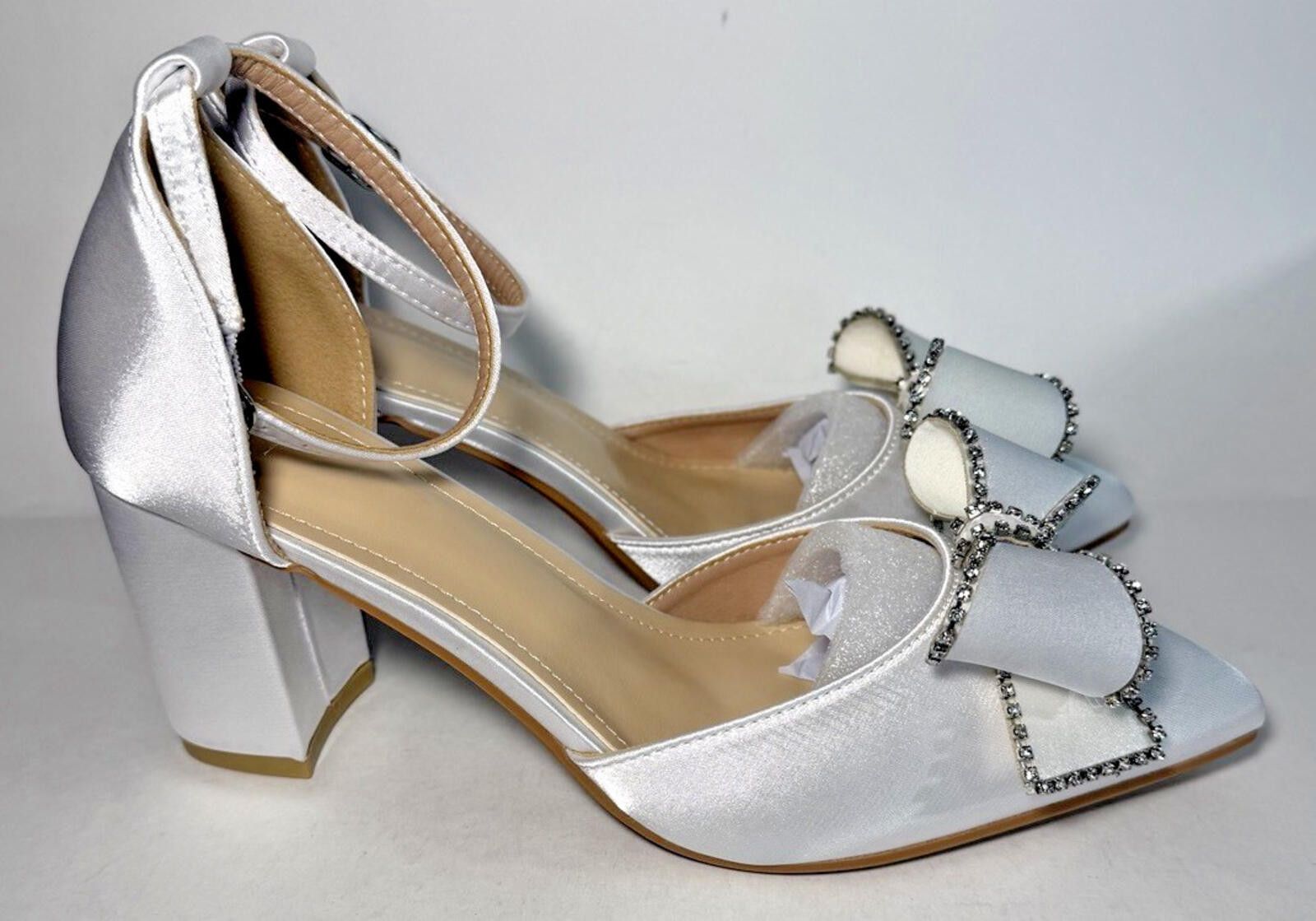 Shein Pointed Toe Heel Ankle Strap Wedge Heel Crystal Bow White Size US 10 / IT 40 - 4 Thumbnail