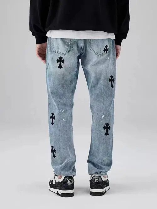 Japanese Brand High Street Washed Distressed Cross Print Straight Leg Jeans Size US 32 / EU 48 - 3 Thumbnail