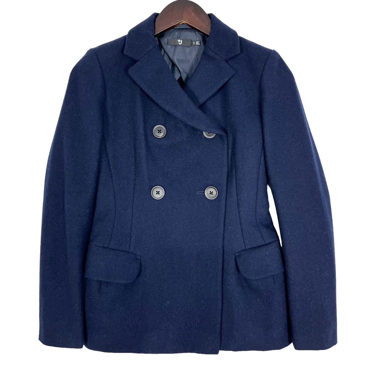 image of Uniqlo X Jil Sander Double Breasted Womens Wool Short Coat in Navy (Size Small)