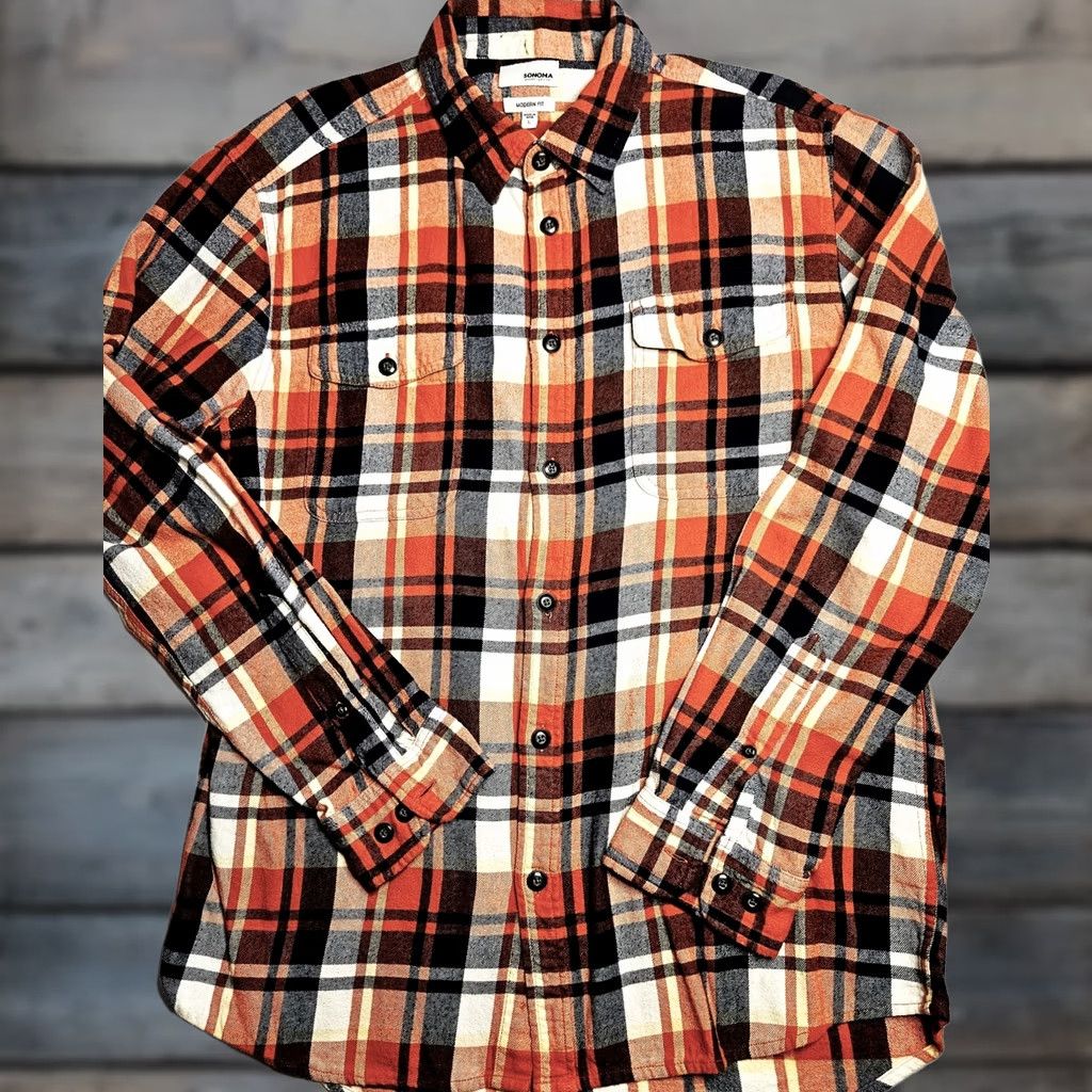 Sonoma Shirt Mens Large Plaid Flannel Long Sleeve Button Up Modern Fit Soft Multicolor, Men's