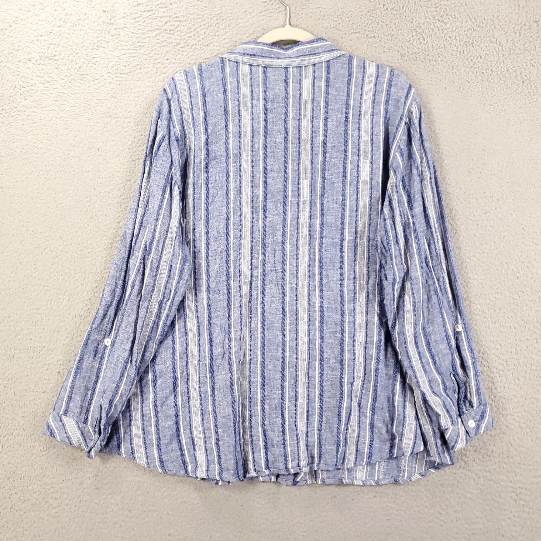 Vintage Susan Graver Linen Button Up Womens Petite XL Blue Striped Roll Tab Sleeve Size XL / US 12-14 / IT 48-50 - 7 Thumbnail