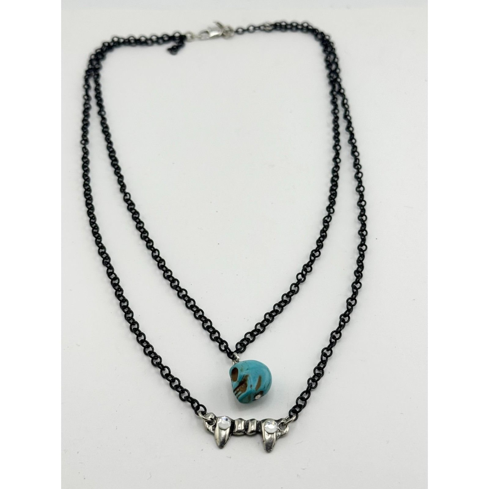 Vintage Blue Howlite stone skull rhinestone fangs double chain Hallo Size ONE SIZE - 2 Thumbnail