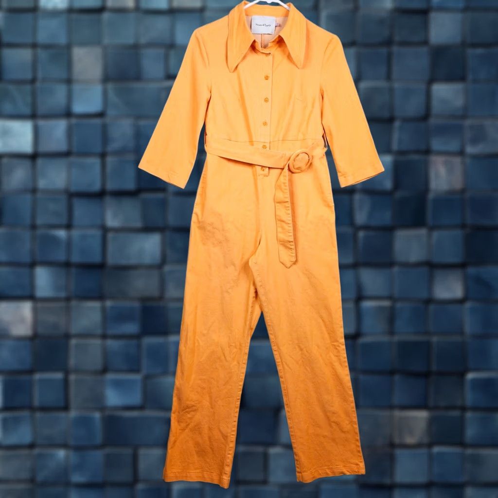House of Sunny House Of Sunny Orange Belted Button Up Jumpsuit With Collar 3/4 Sleeves Size 4 Size 27" / US 4 / IT 40 - 1 Thumbnail
