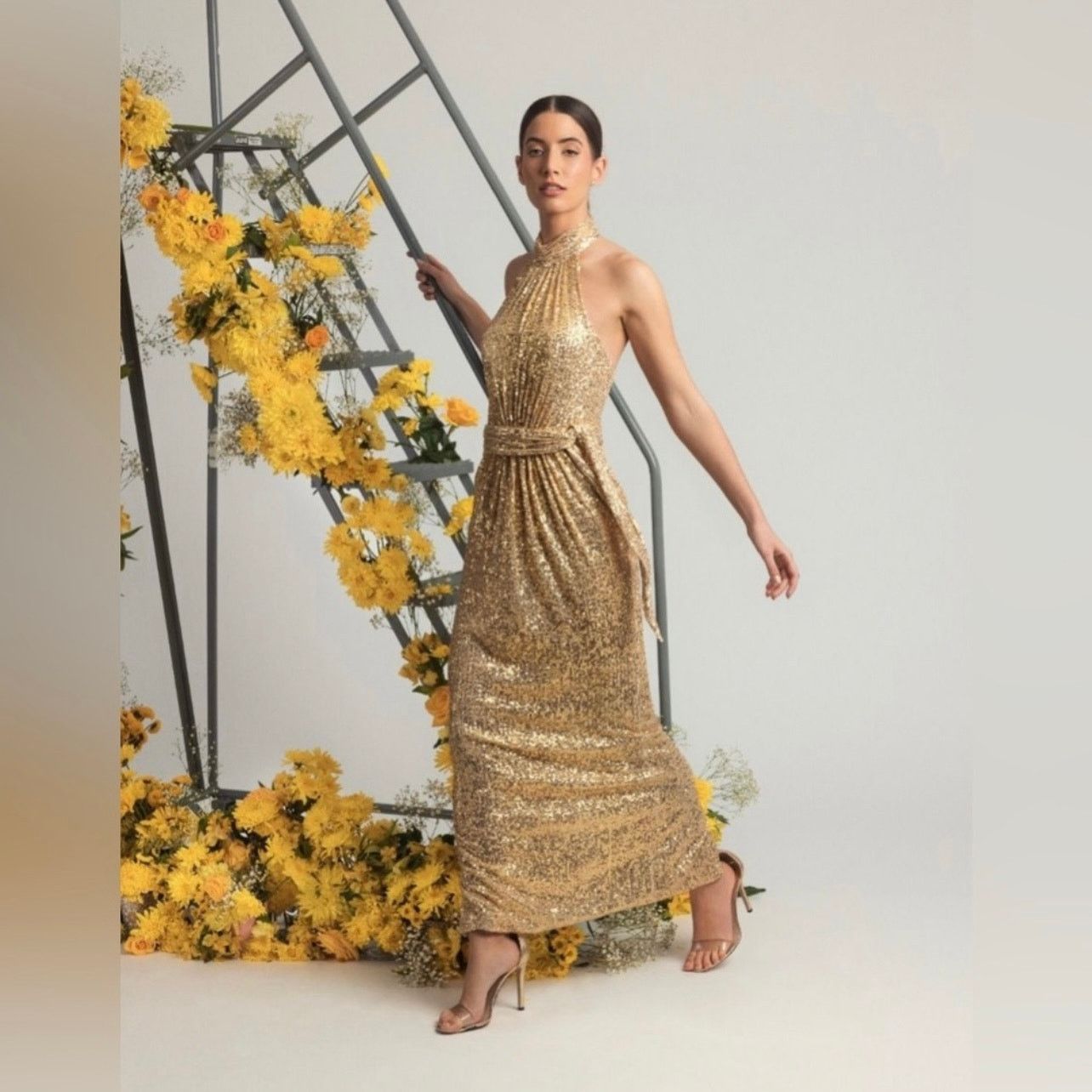 MACH & MACH Mac Duggal Gold Halter Neck Belted Soft Tie Gown size 14 BB Size L / US 10 / IT 46 - 2 Thumbnail