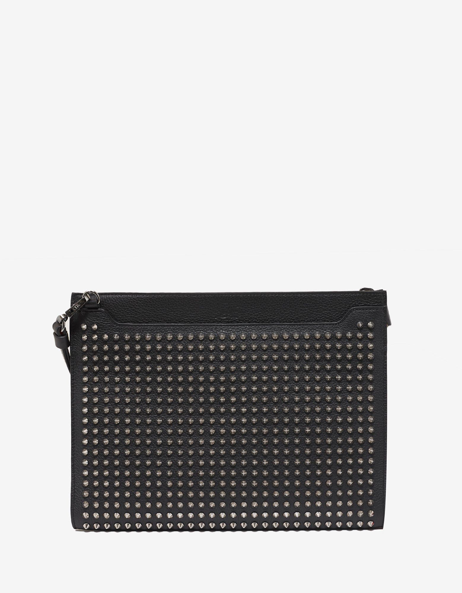 image of Christian Louboutin Skypouch Black Leather Bag With Silver Spikes, Men's