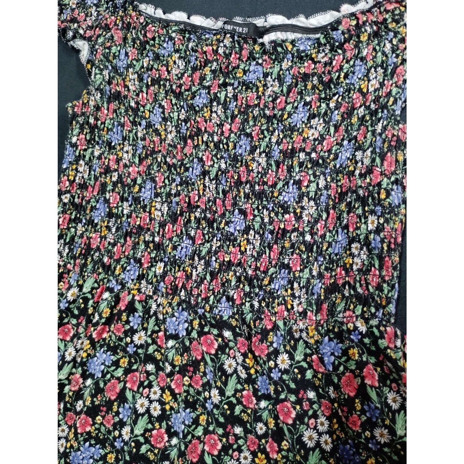 Forever 21 Forever 21 Black Smocked Dress with Pastel Floral Accents Size S / US 4 / IT 40 - 2 Thumbnail