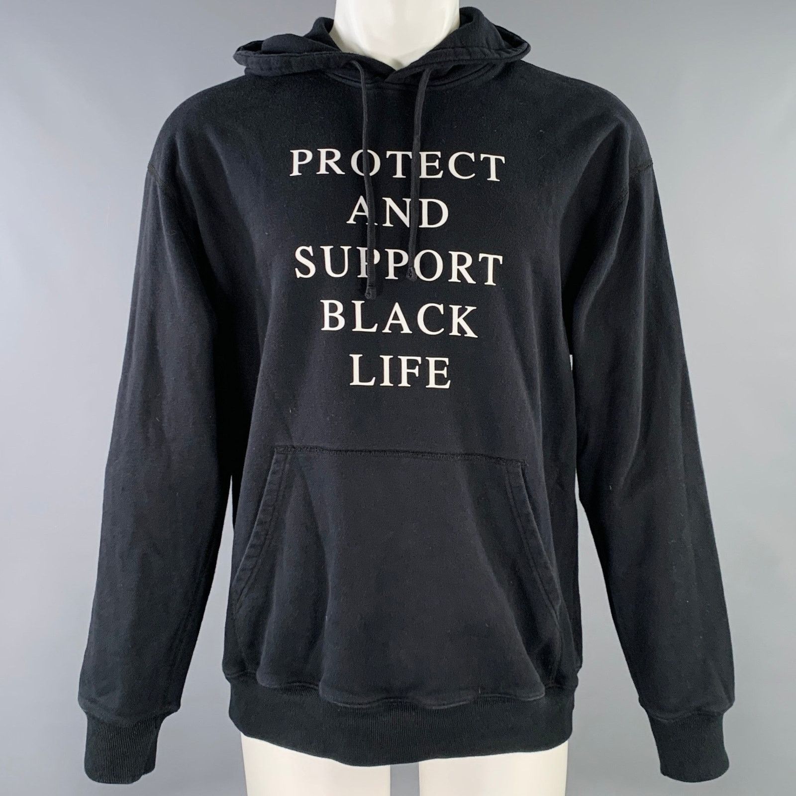 REIGNING CHAMP M Black White Logo Cotton Hooded Sweatshirt