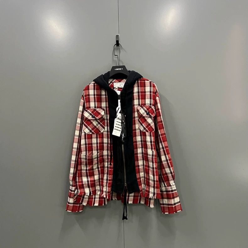 greg lauren Color blocking plaid distressed hooded jacket 2