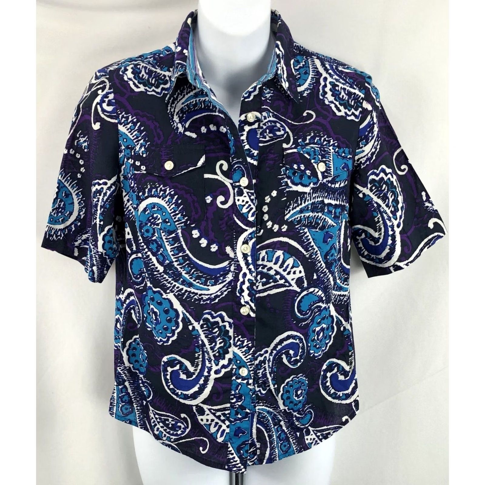 Vintage Jones NY Signature Purple Geometric ButtonUp Short Sleeve Collar Blouse PP Petite Women Shirt Size XXS / US 00 / IT 34 - 5 Thumbnail