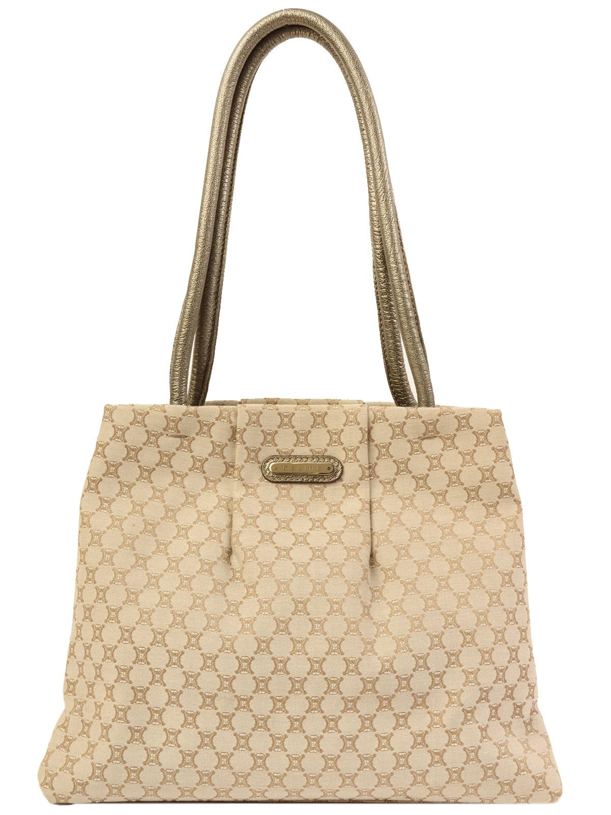 image of Celine Macadam Pattern Metal Clasp Top Handle Bag Beige in White, Women's