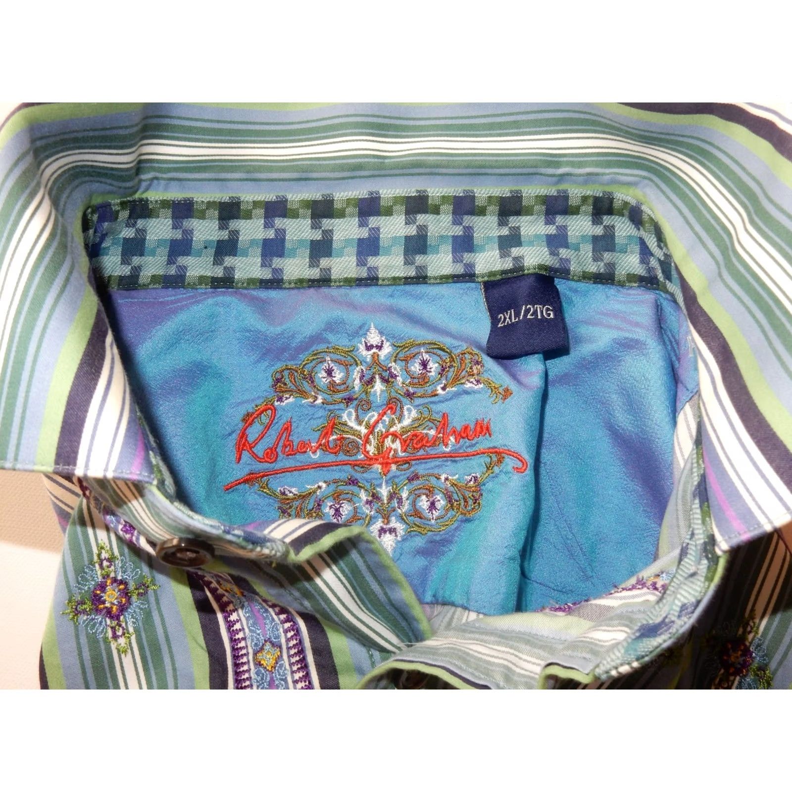 Robert Graham Robert Graham Shirt 2XL Button-Up Long Sleeve Embroidered Green Cotton Mens Size US XXL / EU 58 / 5 - 5 Thumbnail