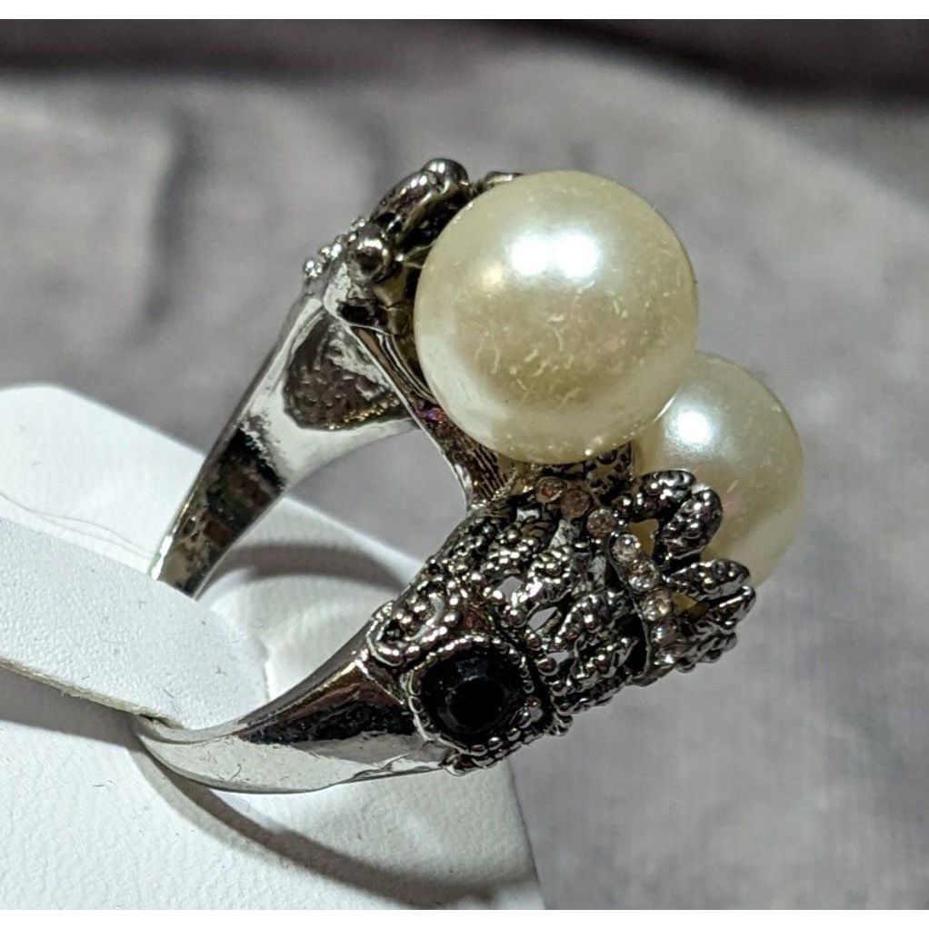 Other Vintage Glam Faux Pearl Cocktail Ring With Black Rhinestone Size ONE SIZE - 8 Thumbnail
