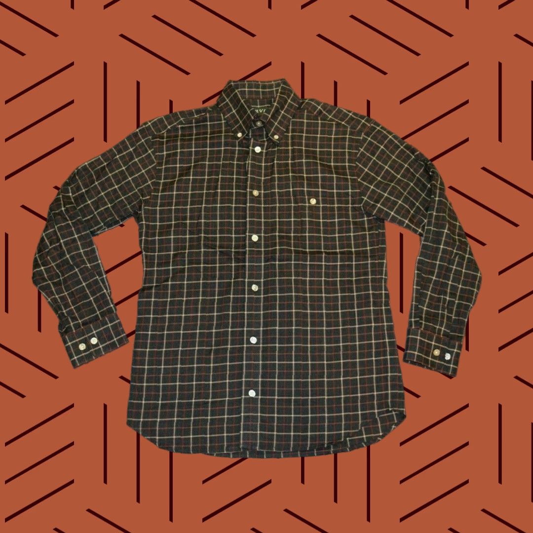 VINTAGE Orvis Shirt Plaid Flannel Button-Front Shirt M Regular 100% Cotton Beige Blue Plaid Checks Mens
