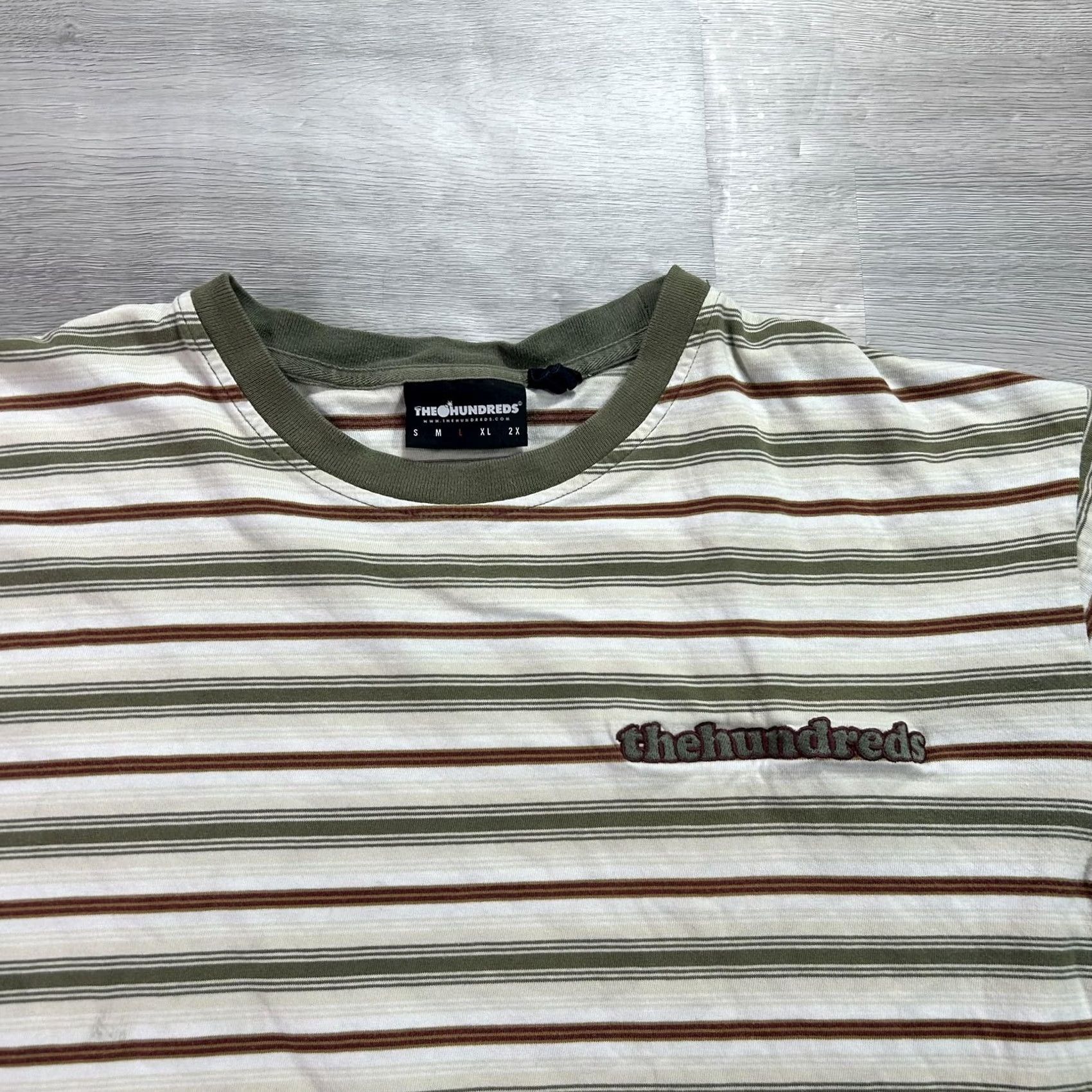 The Hundreds The Hundreds Shirt Mens Large White Green Brown Striped Logo Crewn Tee Size US L / EU 52-54 / 3 - 3 Thumbnail